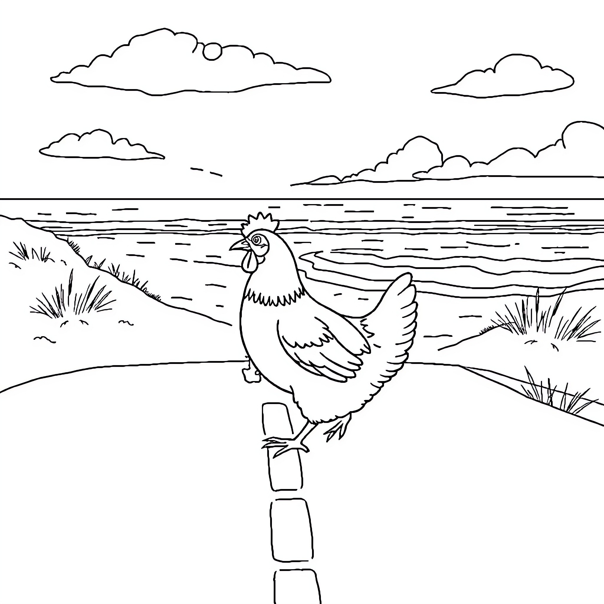 Chicken strutting on a dock by the lake Coloring Page (free black-and-white line drawing printable PDF for all, from beginners to advanced learners, including children, teens, adults, and seniors)