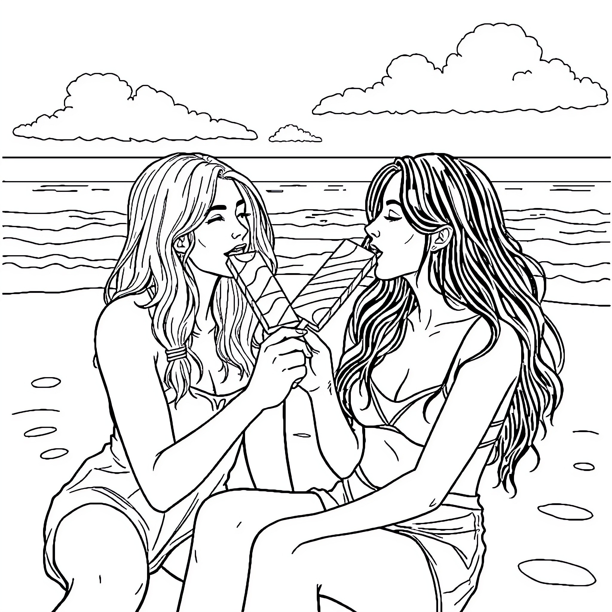 Women relaxing on the beach Coloring Page (free black-and-white line drawing printable PDF for all, from beginners to advanced learners, including children, teens, adults, and seniors)