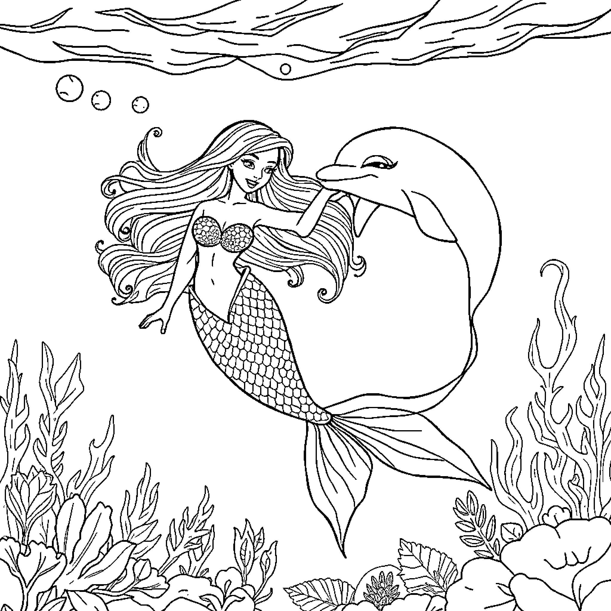 Mermaid interacting with a dolphin in the ocean Coloring Page (free black-and-white line drawing printable PDF for all, from beginners to advanced learners, including children, teens, adults, and seniors)