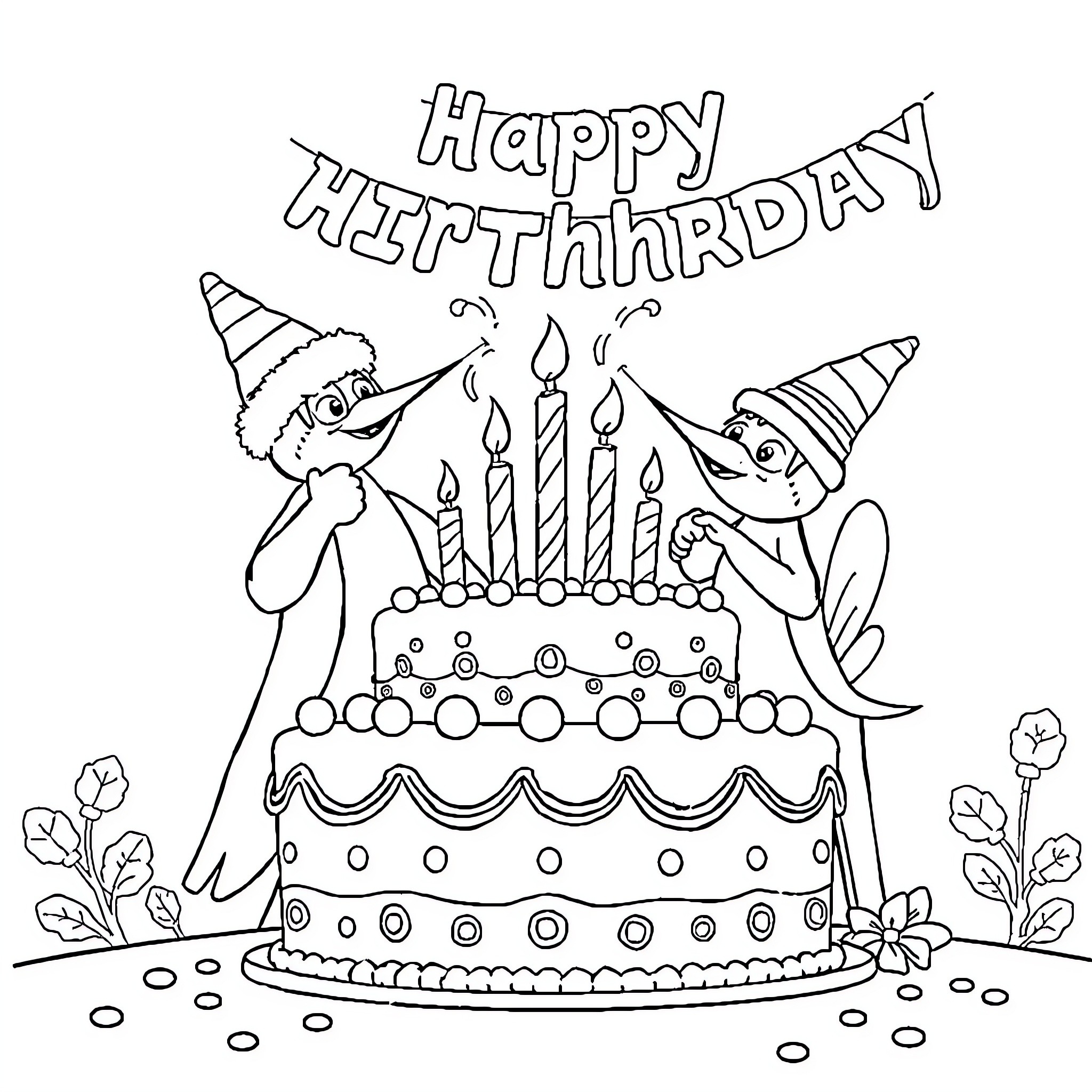 Hunter's Happy Birthday Celebration with Cake and Friends Coloring Page (free black-and-white line drawing printable PDF for all, from beginners to advanced learners, including children, teens, adults, and seniors)