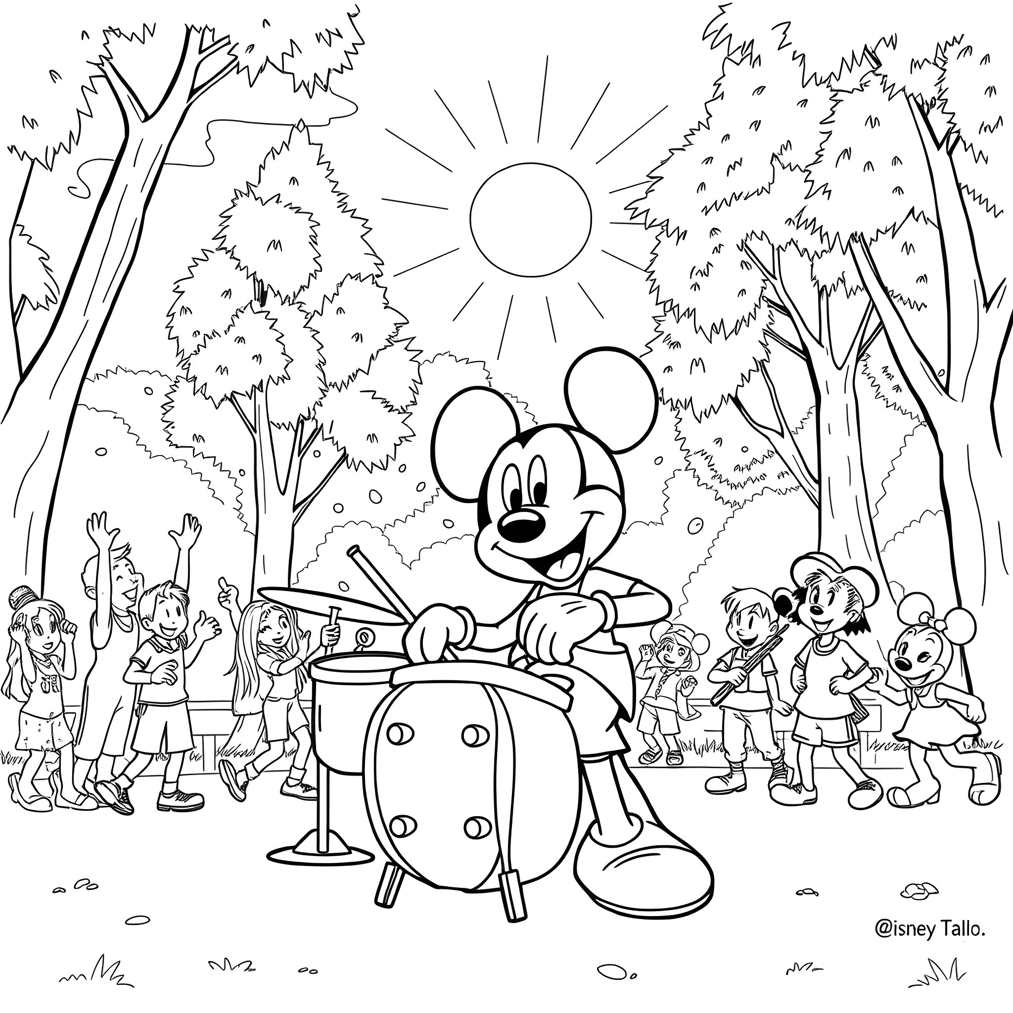 Mickey Mouse Drumming with Friends in the Park Coloring Page (free black-and-white line drawing printable PDF for all, from beginners to advanced learners, including children, teens, adults, and seniors)