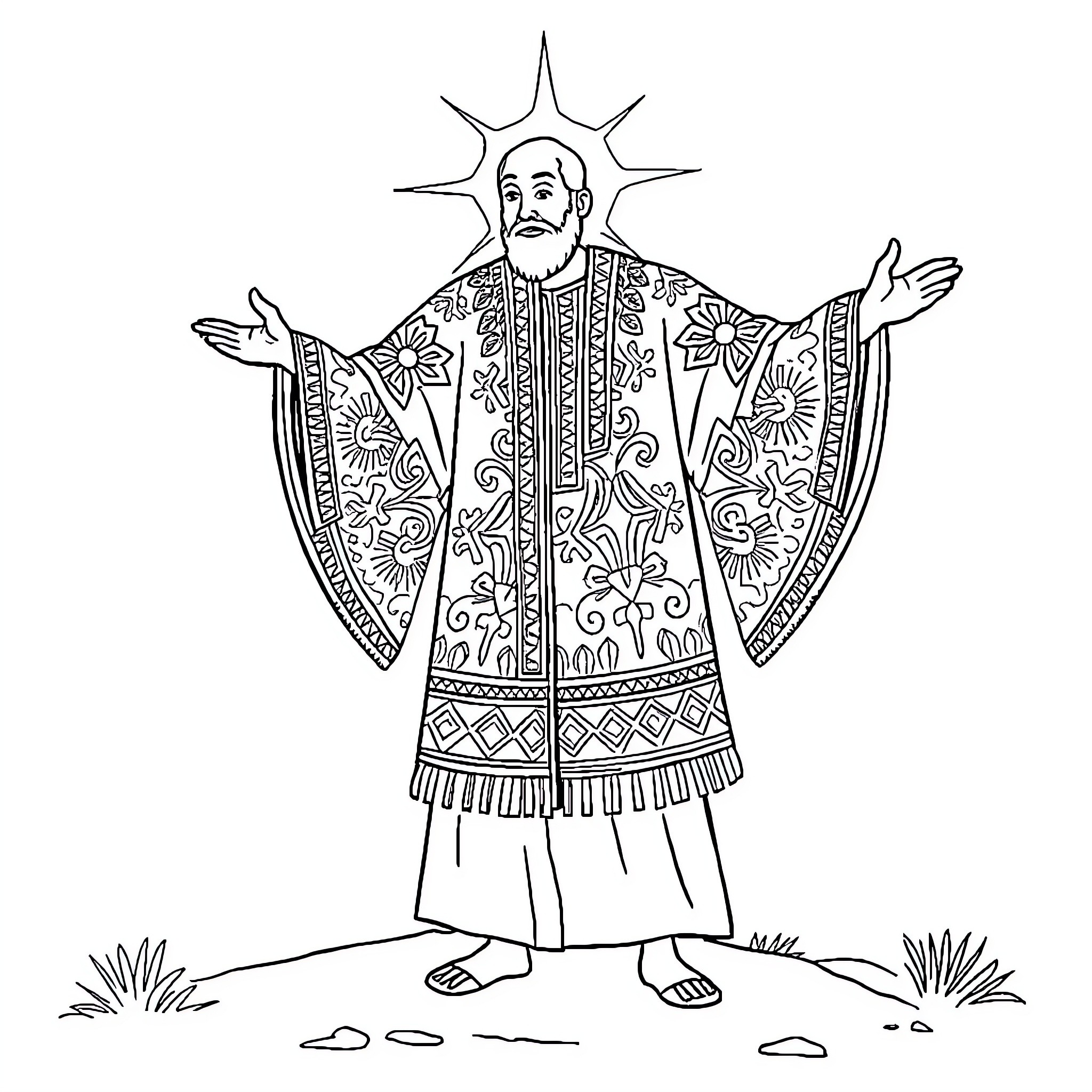 Joseph in ornate robe with hands raised Coloring Page (free black-and-white line drawing printable PDF for all, from beginners to advanced learners, including children, teens, adults, and seniors)