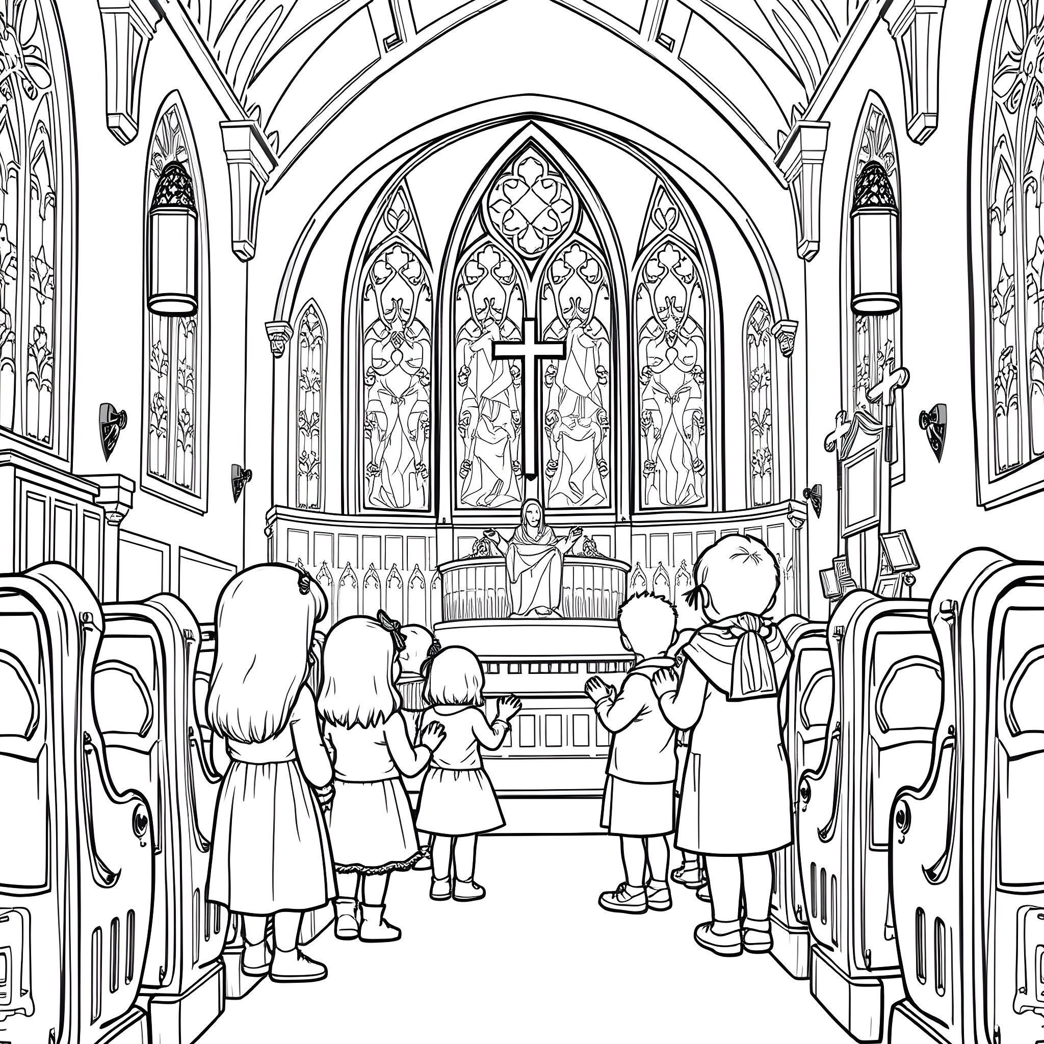 Children attending service in a grand church Coloring Page (free black-and-white line drawing printable PDF for all, from beginners to advanced learners, including children, teens, adults, and seniors)