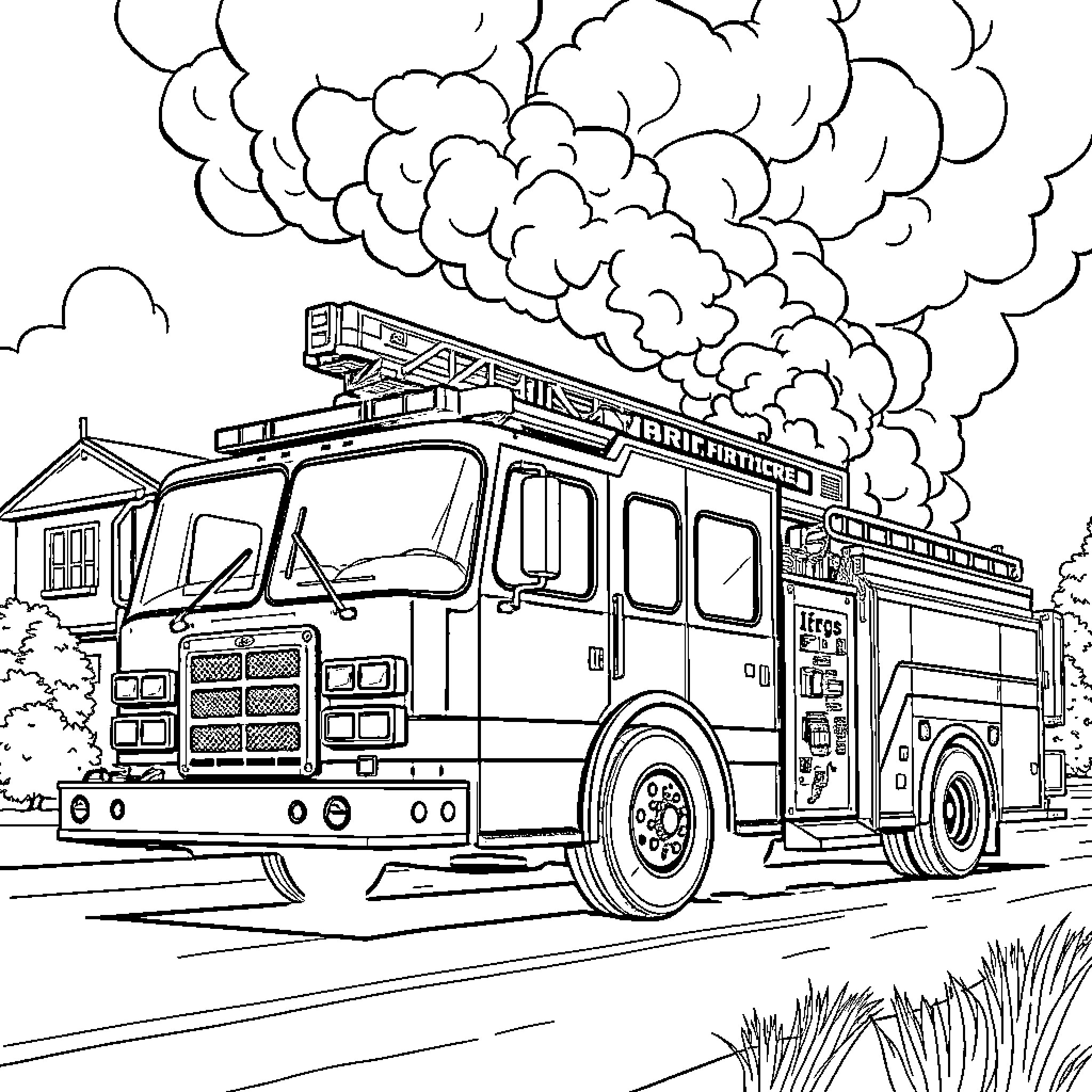 Firetruck responding to emergency with sirens blaring Coloring Page (free black-and-white line drawing printable PDF for all, from beginners to advanced learners, including children, teens, adults, and seniors)