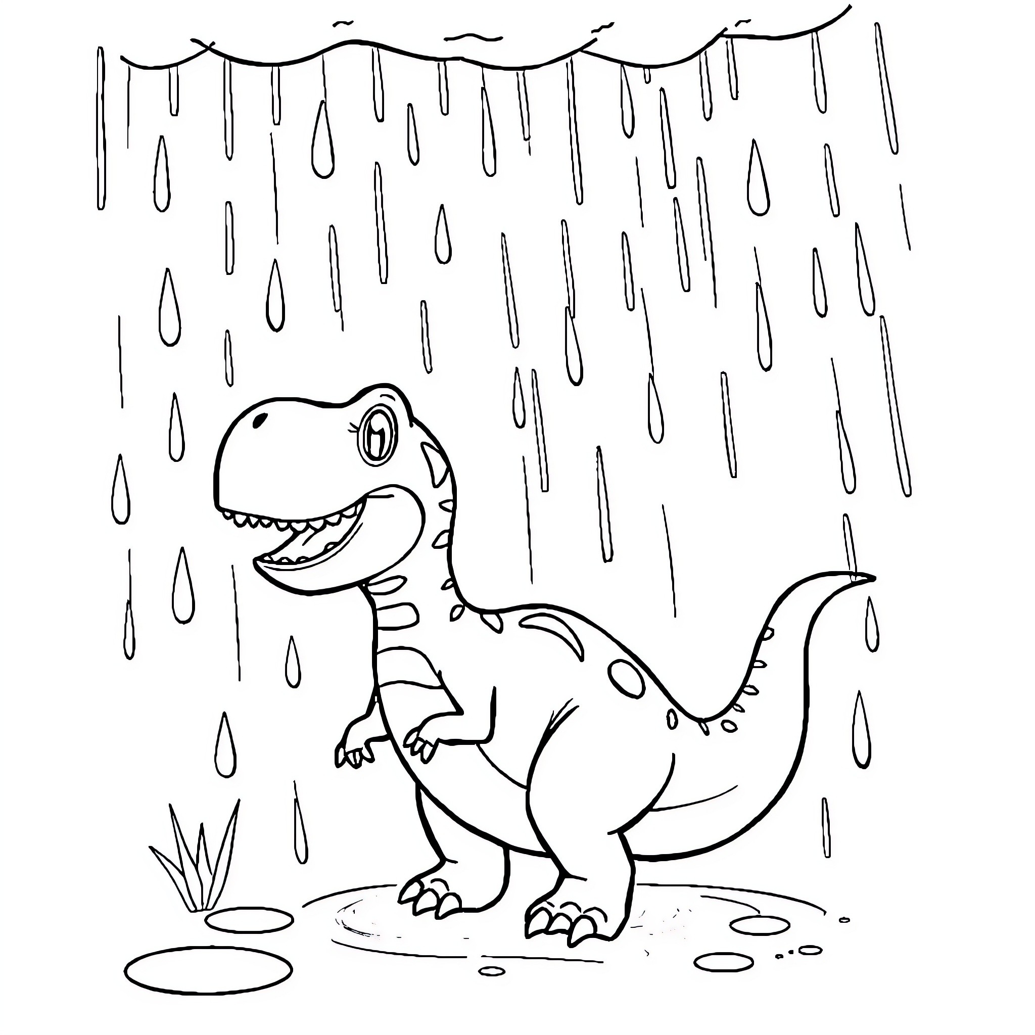 Dinosaur playing in the rain Coloring Page (free black-and-white line drawing printable PDF for all, from beginners to advanced learners, including children, teens, adults, and seniors)