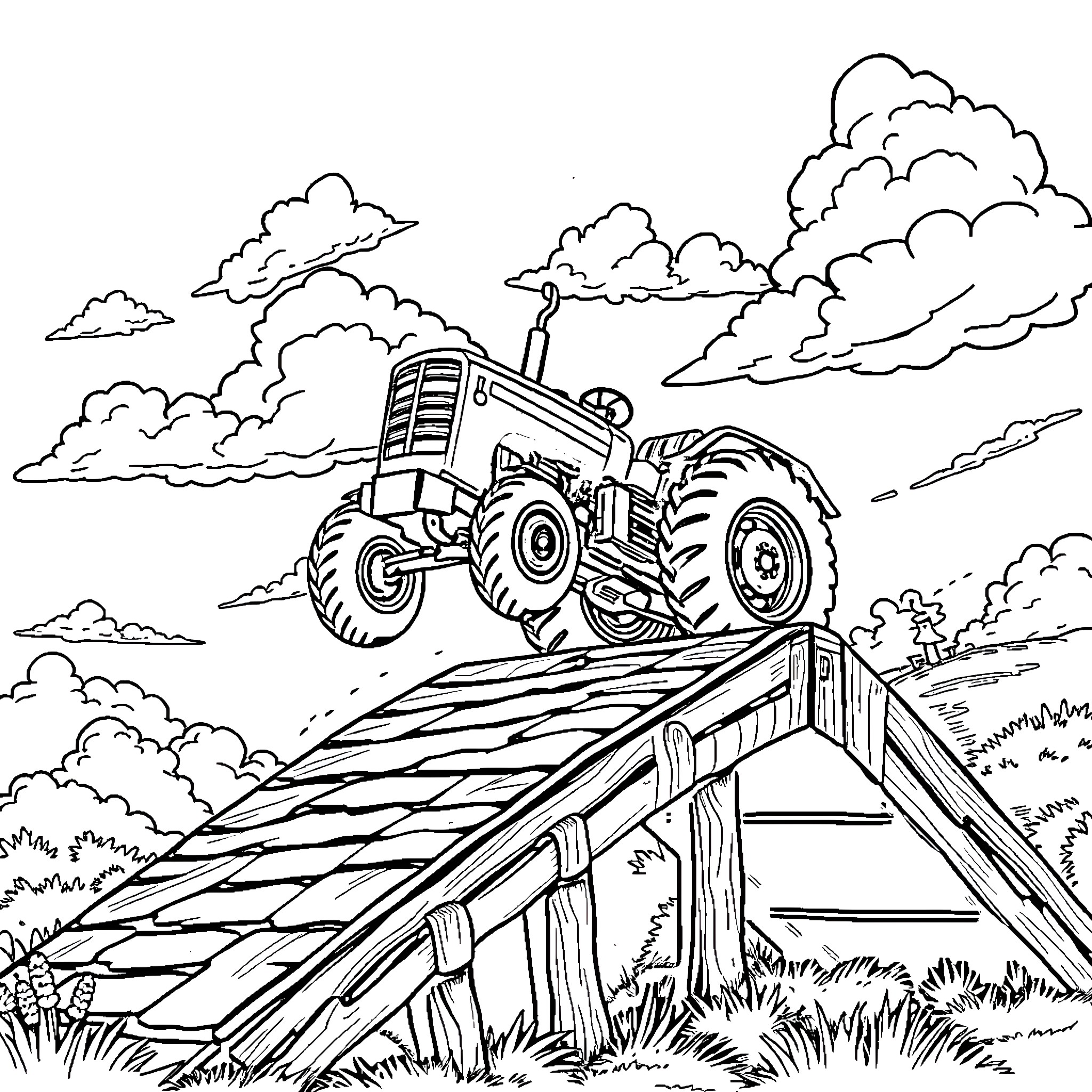 Tractor climbing over a rugged wooden bridge Coloring Page (free black-and-white line drawing printable PDF for all, from beginners to advanced learners, including children, teens, adults, and seniors)