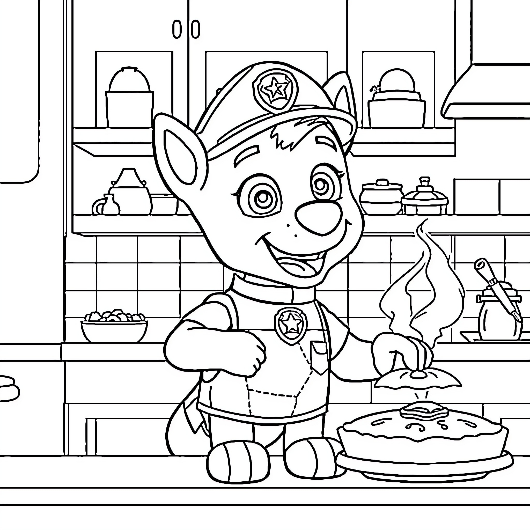 Rubben the Paw Patrol Pup in the Kitchen Coloring Page (free black-and-white line drawing printable PDF for all, from beginners to advanced learners, including children, teens, adults, and seniors)