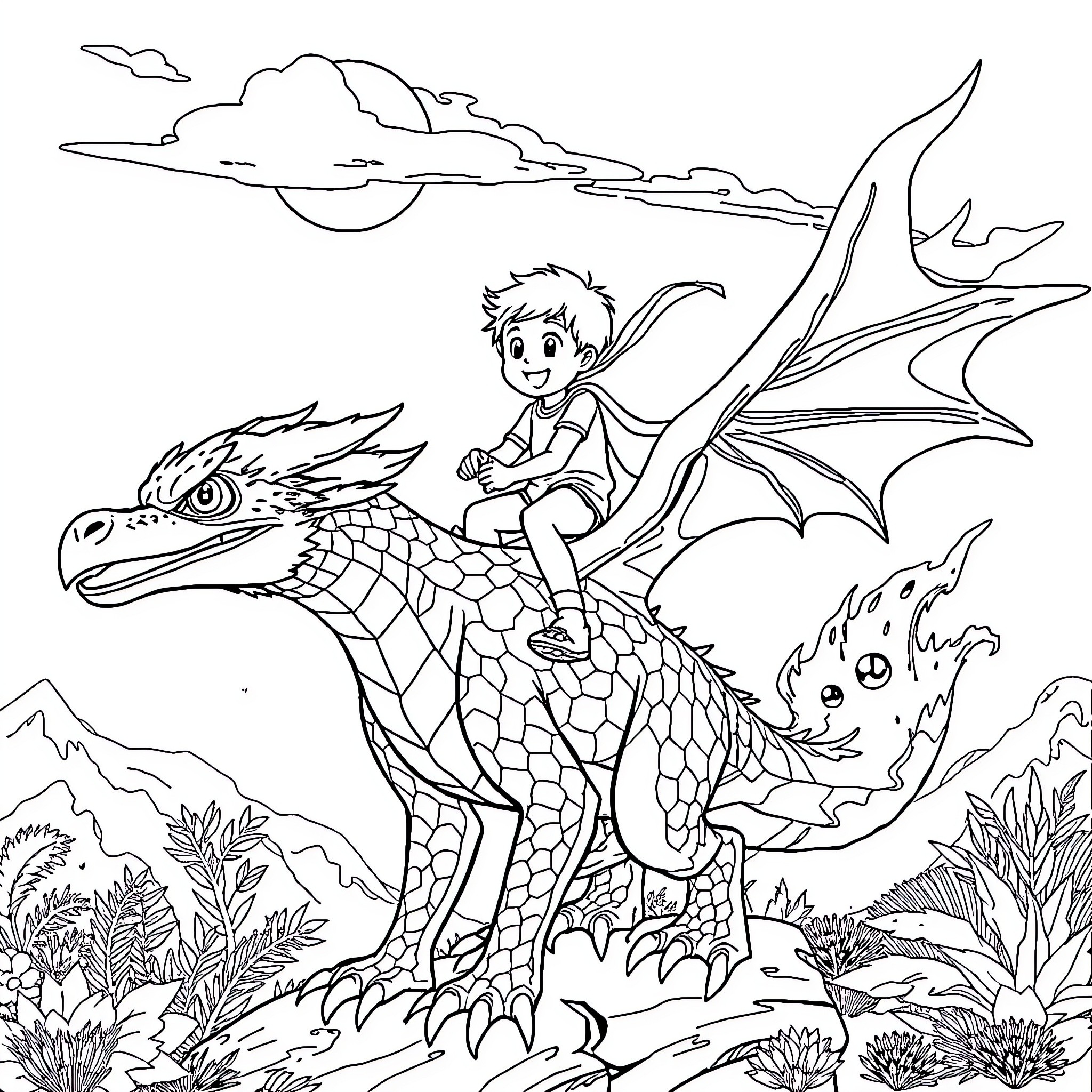 Kid riding on the back of a fantasy dragon Coloring Page (free black-and-white line drawing printable PDF for all, from beginners to advanced learners, including children, teens, adults, and seniors)