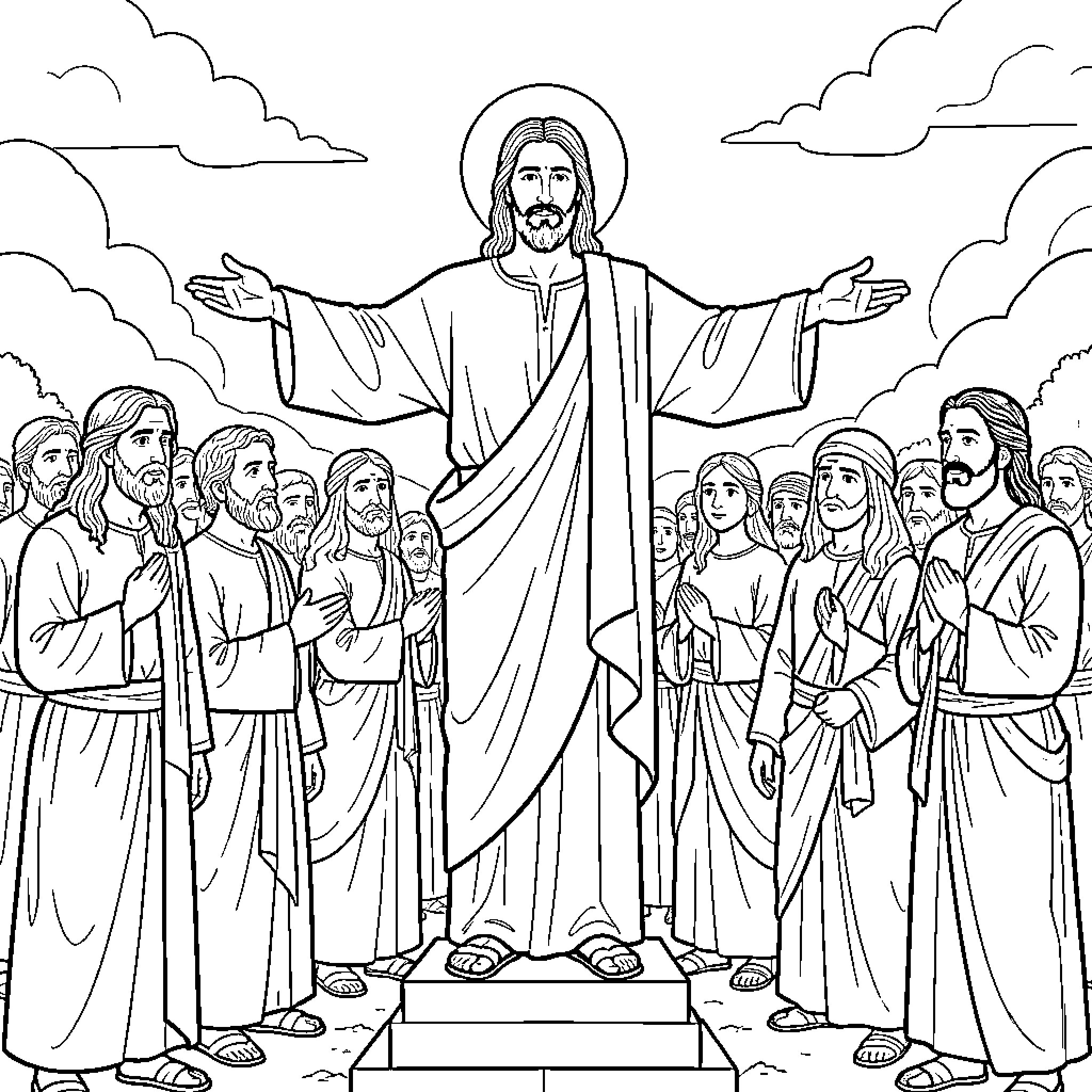 Jesucristo preaching and blessing his followers Coloring Page (free black-and-white line drawing printable PDF for all, from beginners to advanced learners, including children, teens, adults, and seniors)