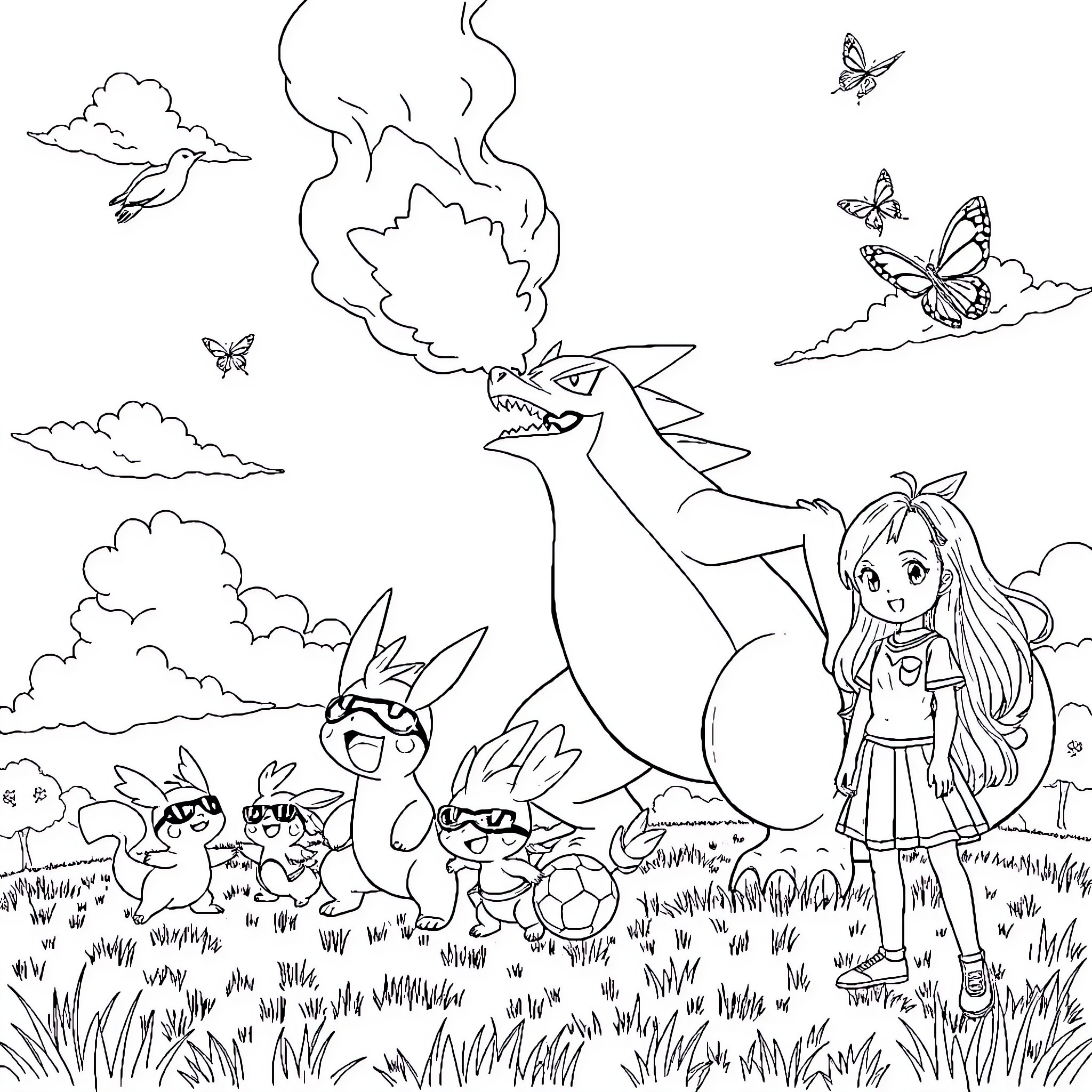 Glurak and friends explore the enchanted meadow Coloring Page (free black-and-white line drawing printable PDF for all, from beginners to advanced learners, including children, teens, adults, and seniors)