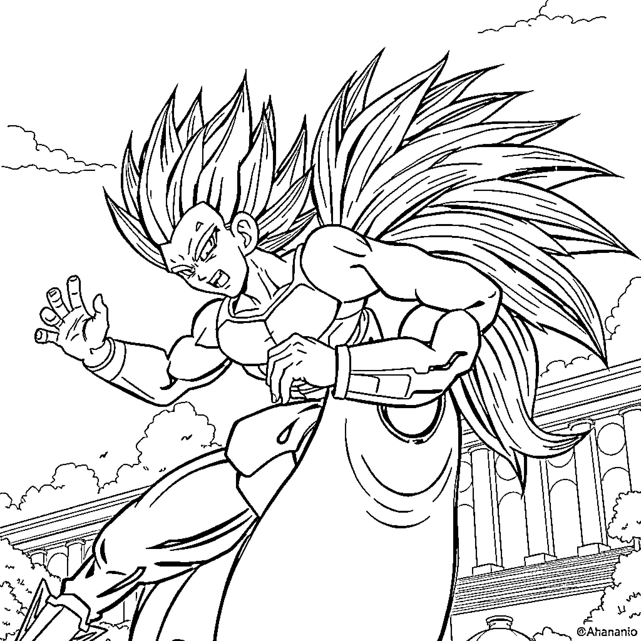 Vegeta in action-packed battle stance Coloring Page (free black-and-white line drawing printable PDF for all, from beginners to advanced learners, including children, teens, adults, and seniors)