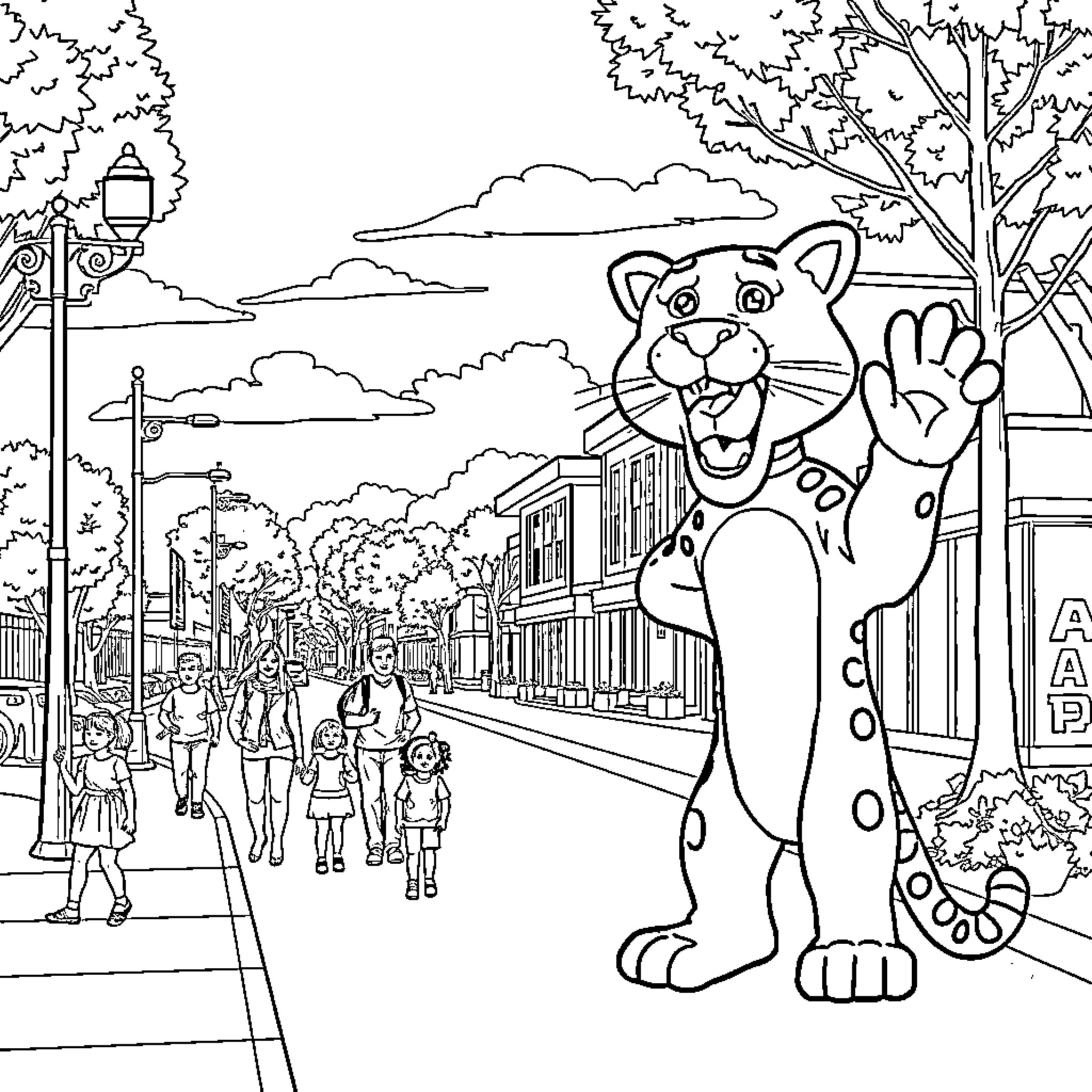 Panther Waving to Friendly Crowd on Busy Street Coloring Page (free black-and-white line drawing printable PDF for all, from beginners to advanced learners, including children, teens, adults, and seniors)