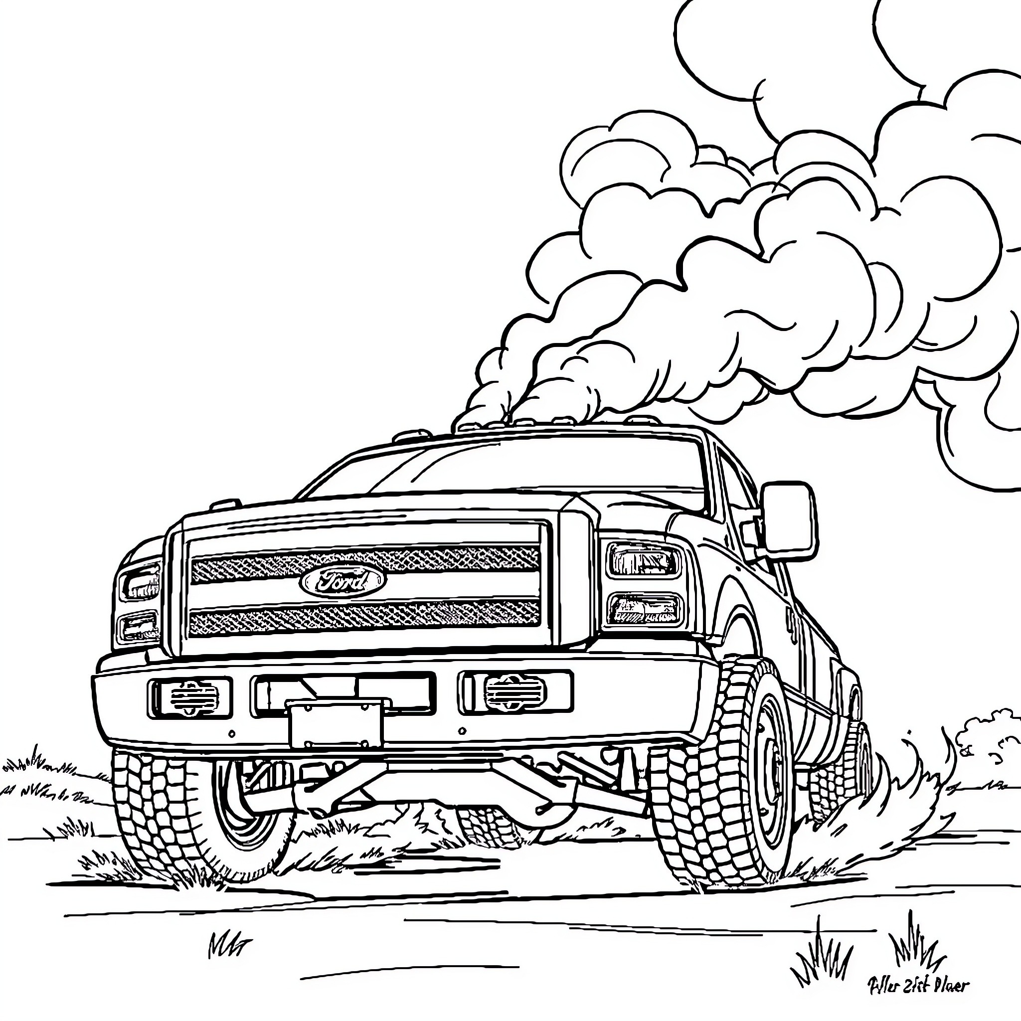 Ford F-250 truck driving through rough terrain Coloring Page (free black-and-white line drawing printable PDF for all, from beginners to advanced learners, including children, teens, adults, and seniors)