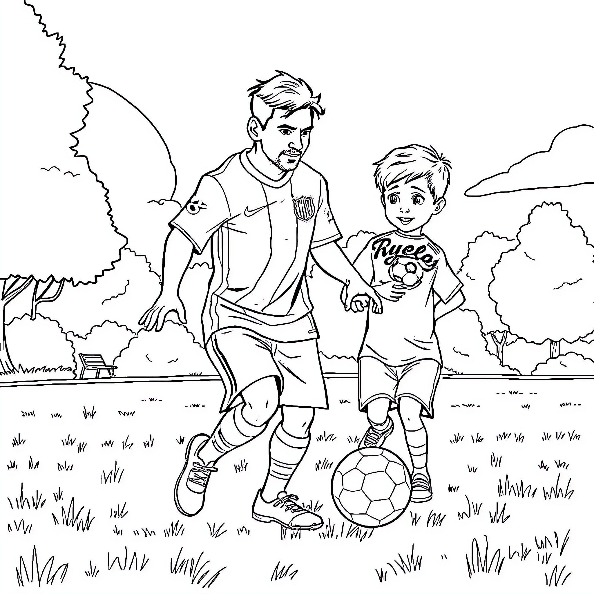 Messi playing soccer with a young fan on the field Coloring Page (free black-and-white line drawing printable PDF for all, from beginners to advanced learners, including children, teens, adults, and seniors)