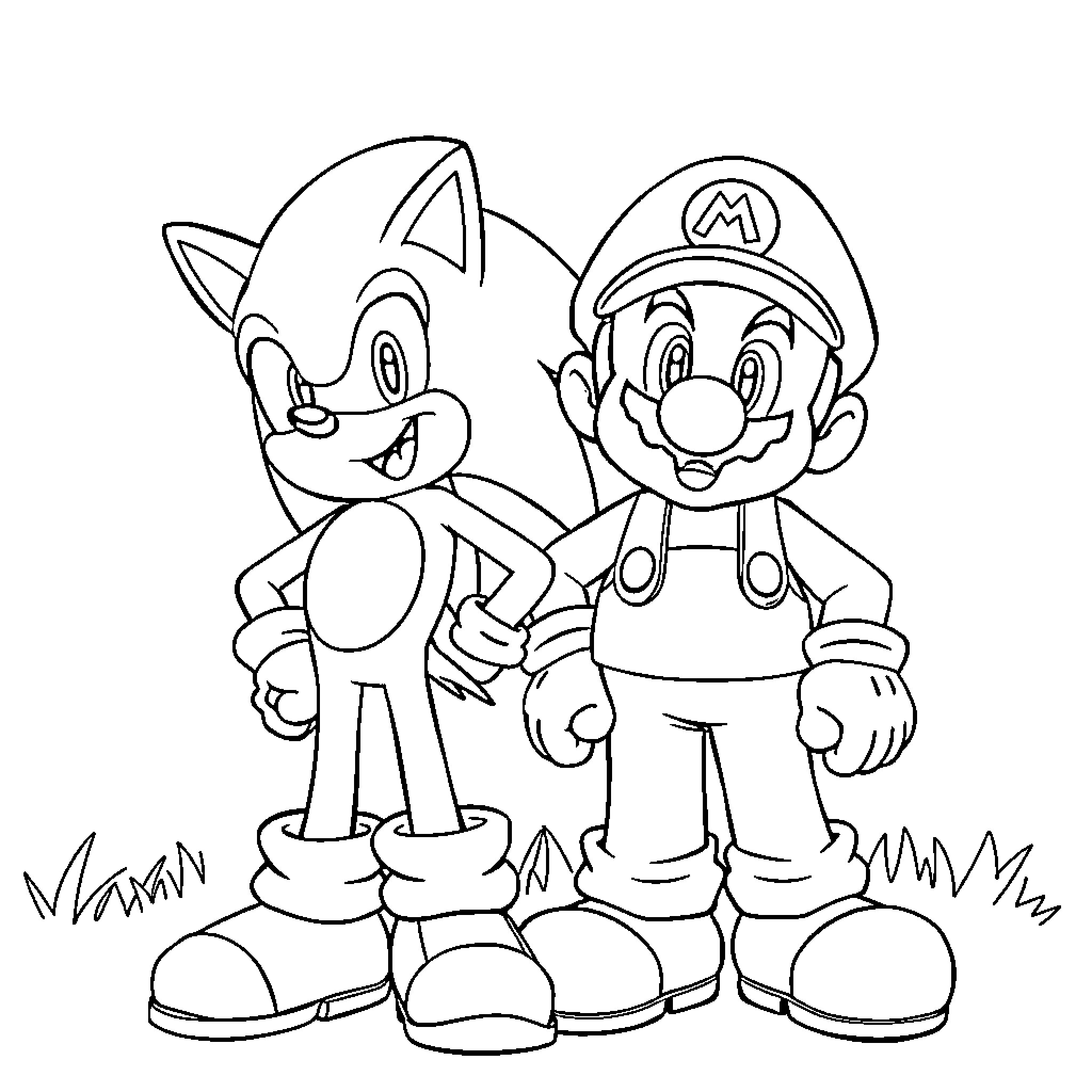 Sonic and Mario standing side by side smiling Coloring Page (free black-and-white line drawing printable PDF for all, from beginners to advanced learners, including children, teens, adults, and seniors)