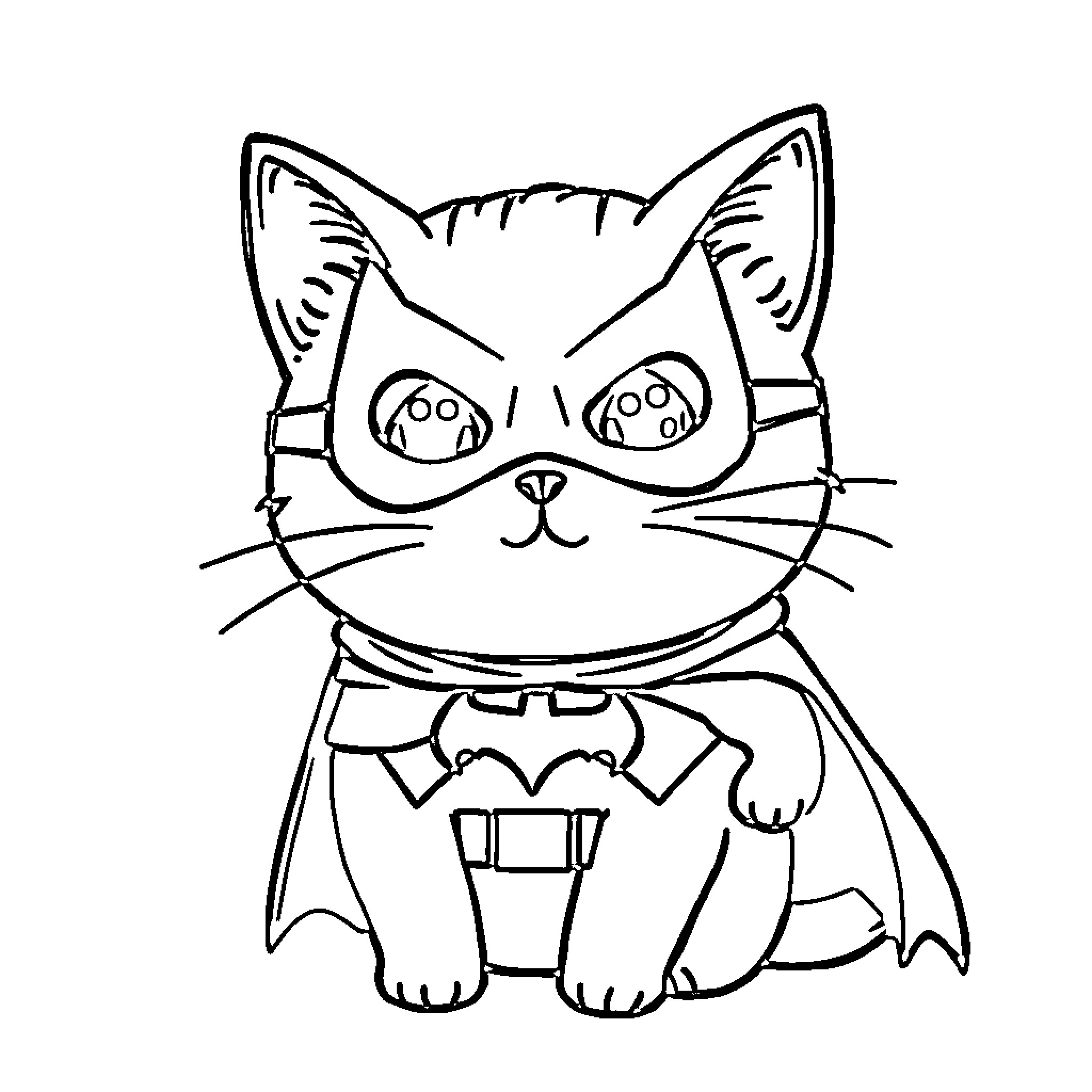 Pusheen Dressed Up As Superhero Cat Coloring Page (free black-and-white line drawing printable PDF for all, from beginners to advanced learners, including children, teens, adults, and seniors)