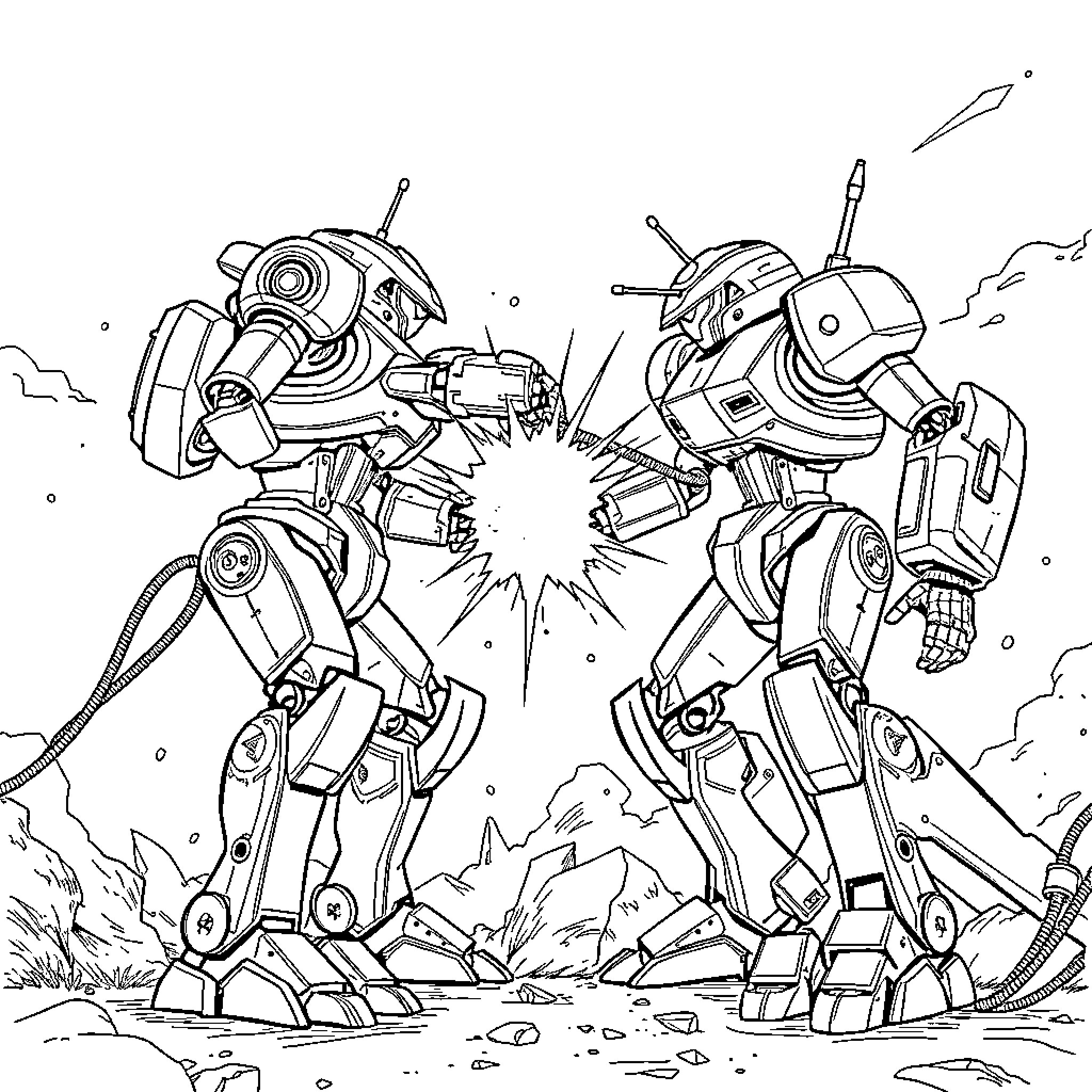 T-13 Robotic Titans in Epic Clash Coloring Page (free black-and-white line drawing printable PDF for all, from beginners to advanced learners, including children, teens, adults, and seniors)