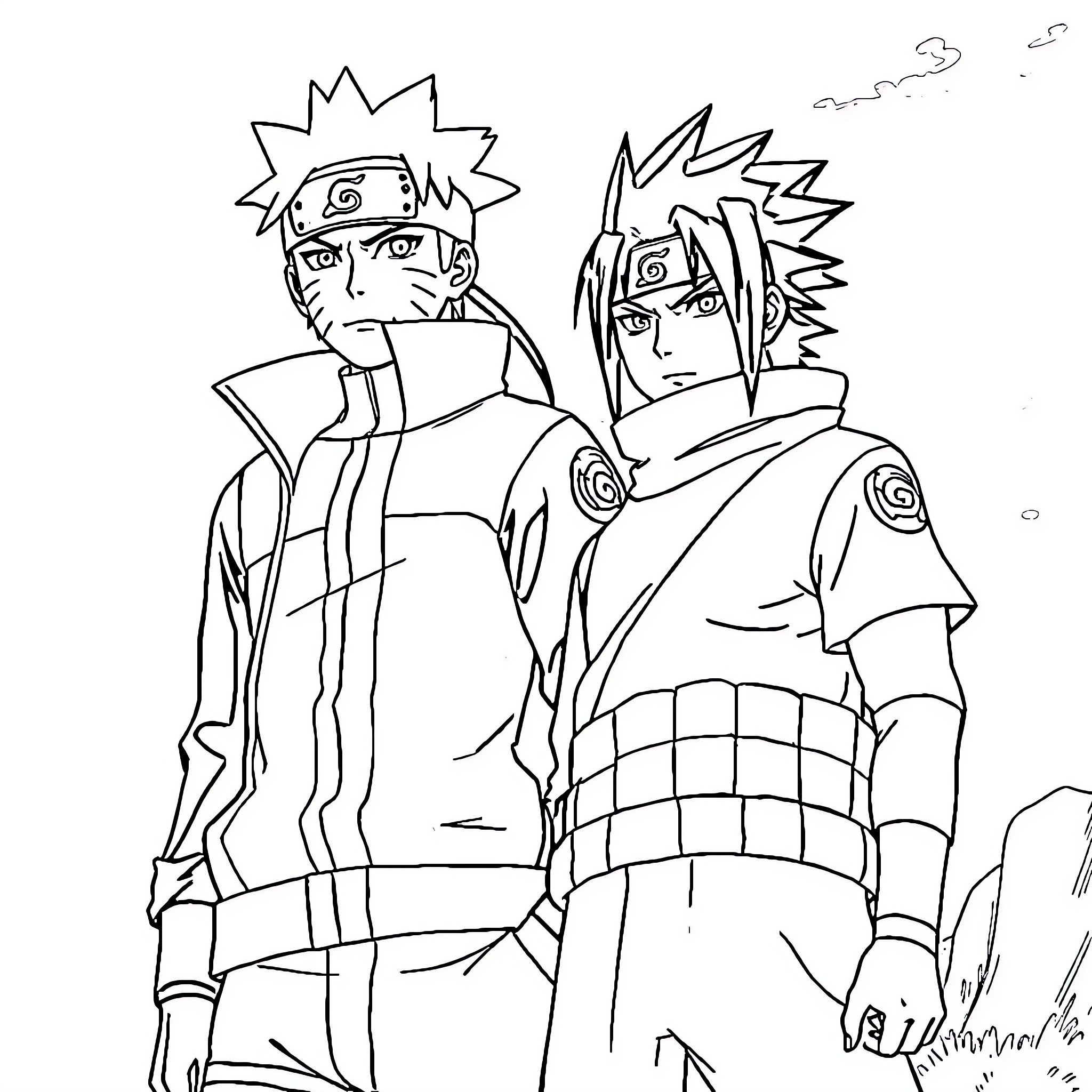 Naruto characters in action poses Coloring Page (free black-and-white line drawing printable PDF for all, from beginners to advanced learners, including children, teens, adults, and seniors)