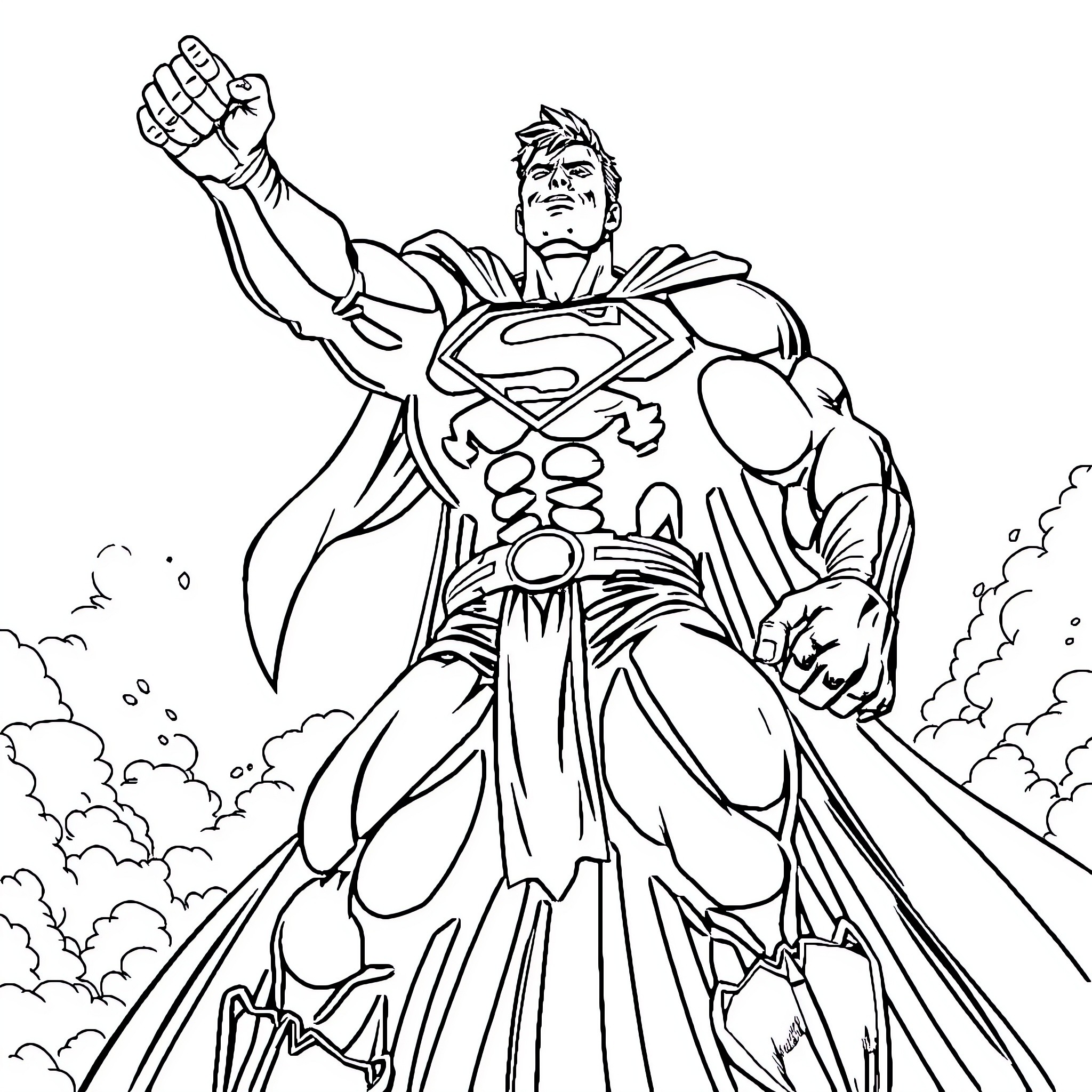 Superman flying heroically in the sky Coloring Page (free black-and-white line drawing printable PDF for all, from beginners to advanced learners, including children, teens, adults, and seniors)