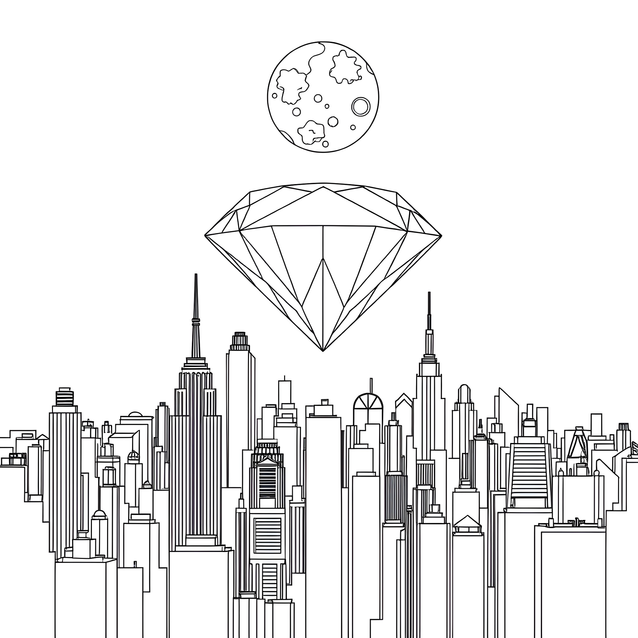 Fractal Skyline with Geometric Shapes Coloring Page (free black-and-white line drawing printable PDF for all, from beginners to advanced learners, including children, teens, adults, and seniors)