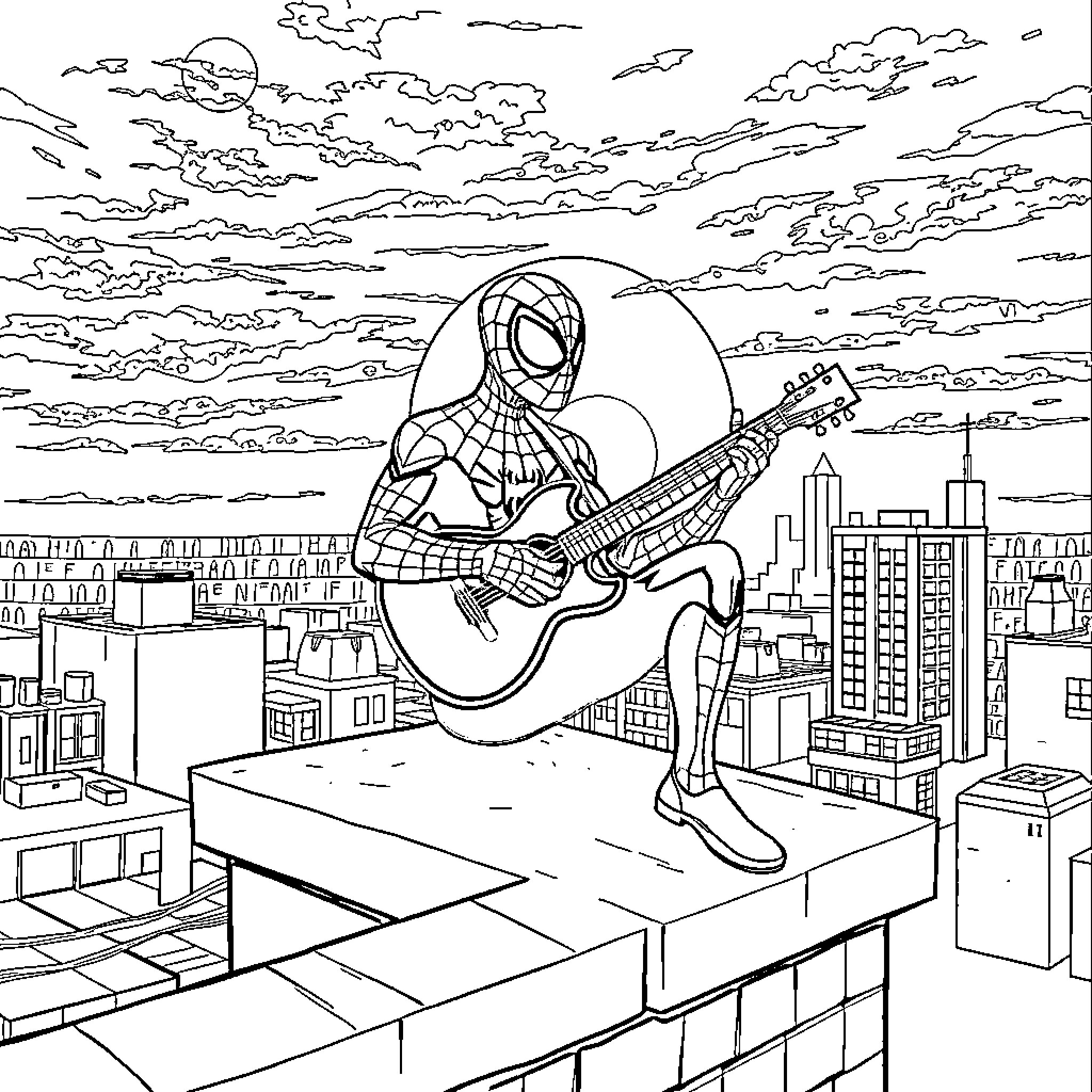 Spider-Man Playing Guitar on City Rooftops Coloring Page (free black-and-white line drawing printable PDF for all, from beginners to advanced learners, including children, teens, adults, and seniors)
