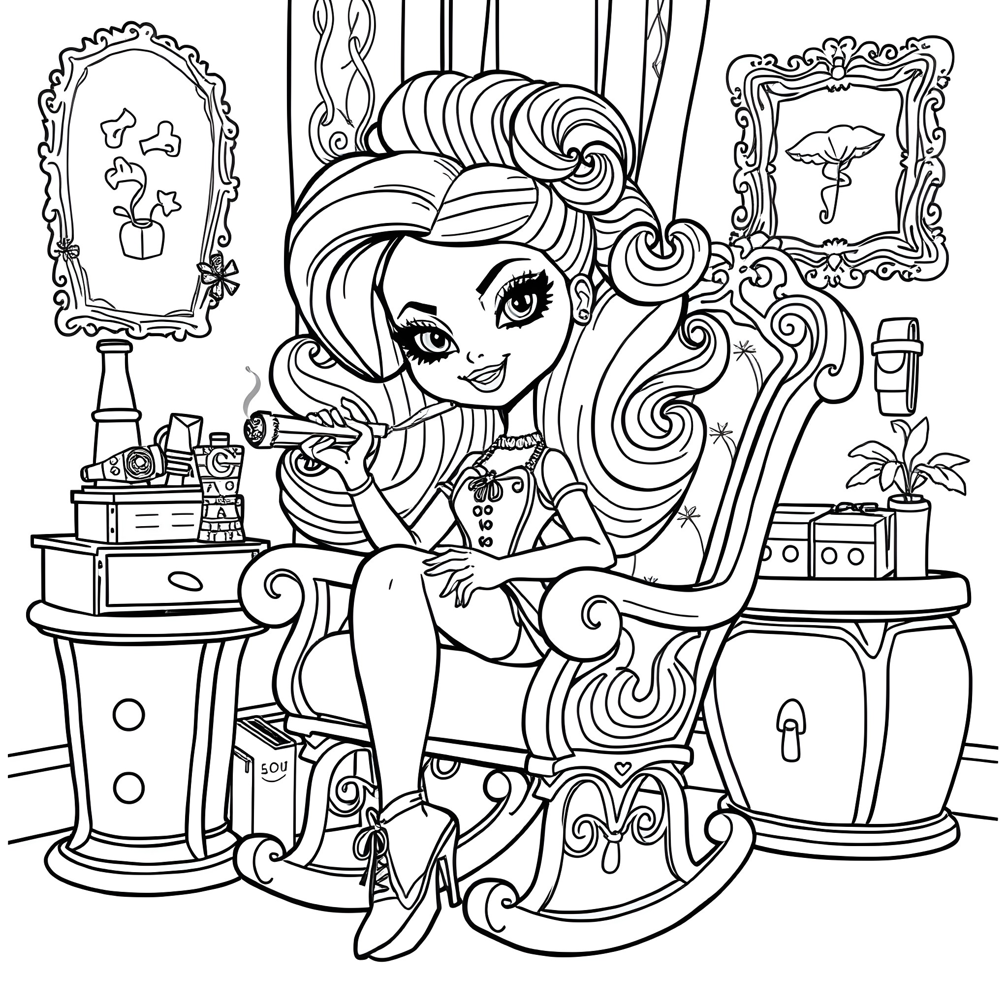 Bratz Doll posing confidently in a stylish bedroom Coloring Page (free black-and-white line drawing printable PDF for all, from beginners to advanced learners, including children, teens, adults, and seniors)