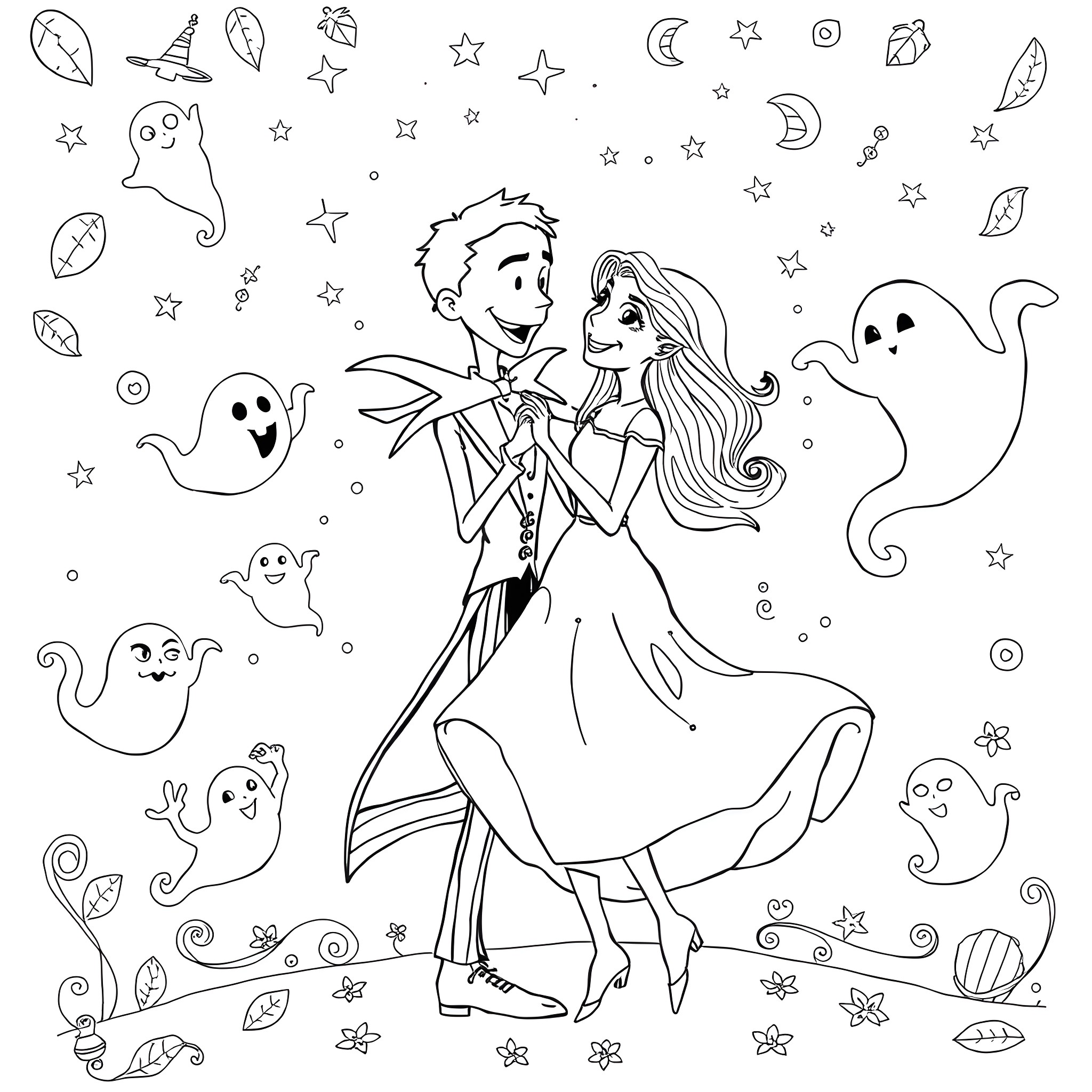 Jack and Sally dancing among ghostly friends Coloring Page (free black-and-white line drawing printable PDF for all, from beginners to advanced learners, including children, teens, adults, and seniors)