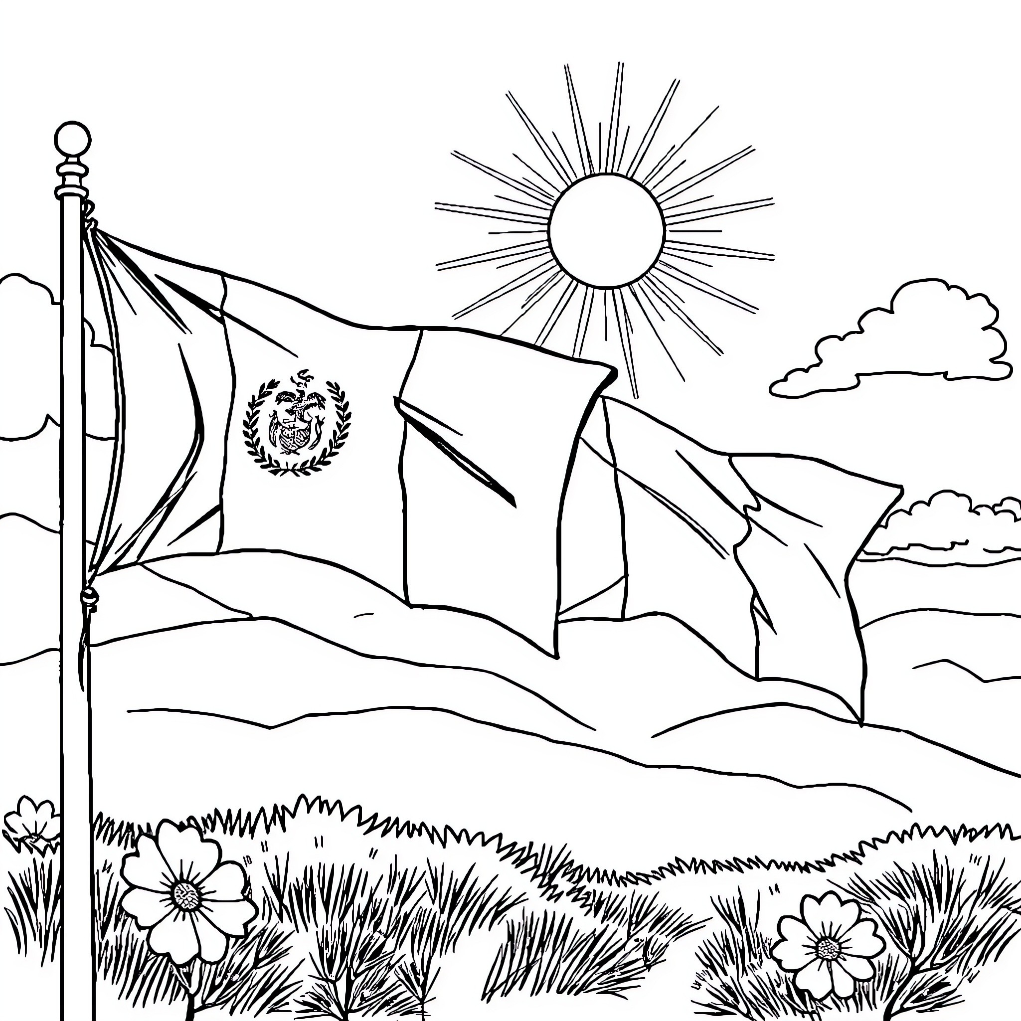 Flag proudly waving in the bright sunlight Coloring Page (free black-and-white line drawing printable PDF for all, from beginners to advanced learners, including children, teens, adults, and seniors)