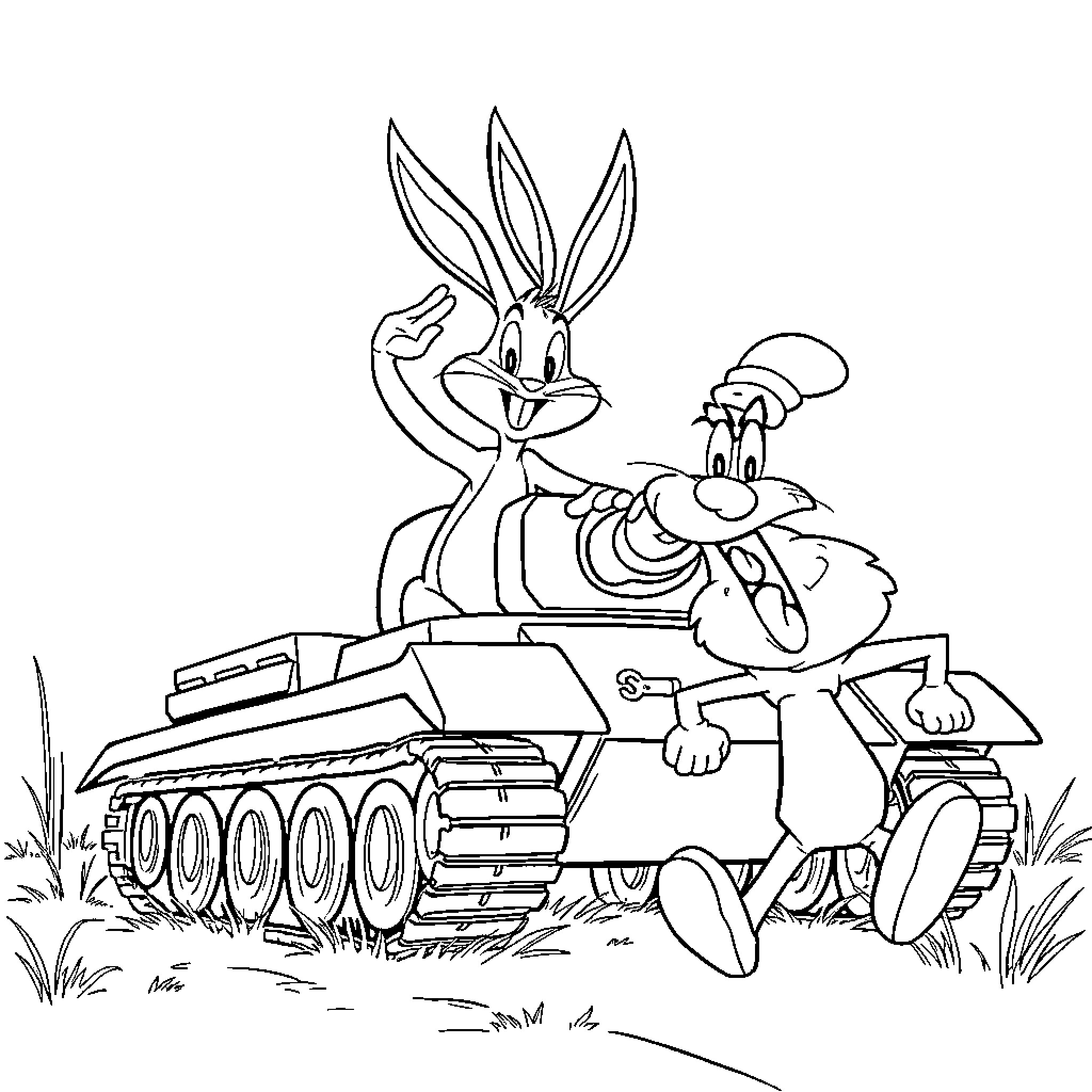 Bugs Bunny riding a tank with Elmer Fudd Coloring Page (free black-and-white line drawing printable PDF for all, from beginners to advanced learners, including children, teens, adults, and seniors)