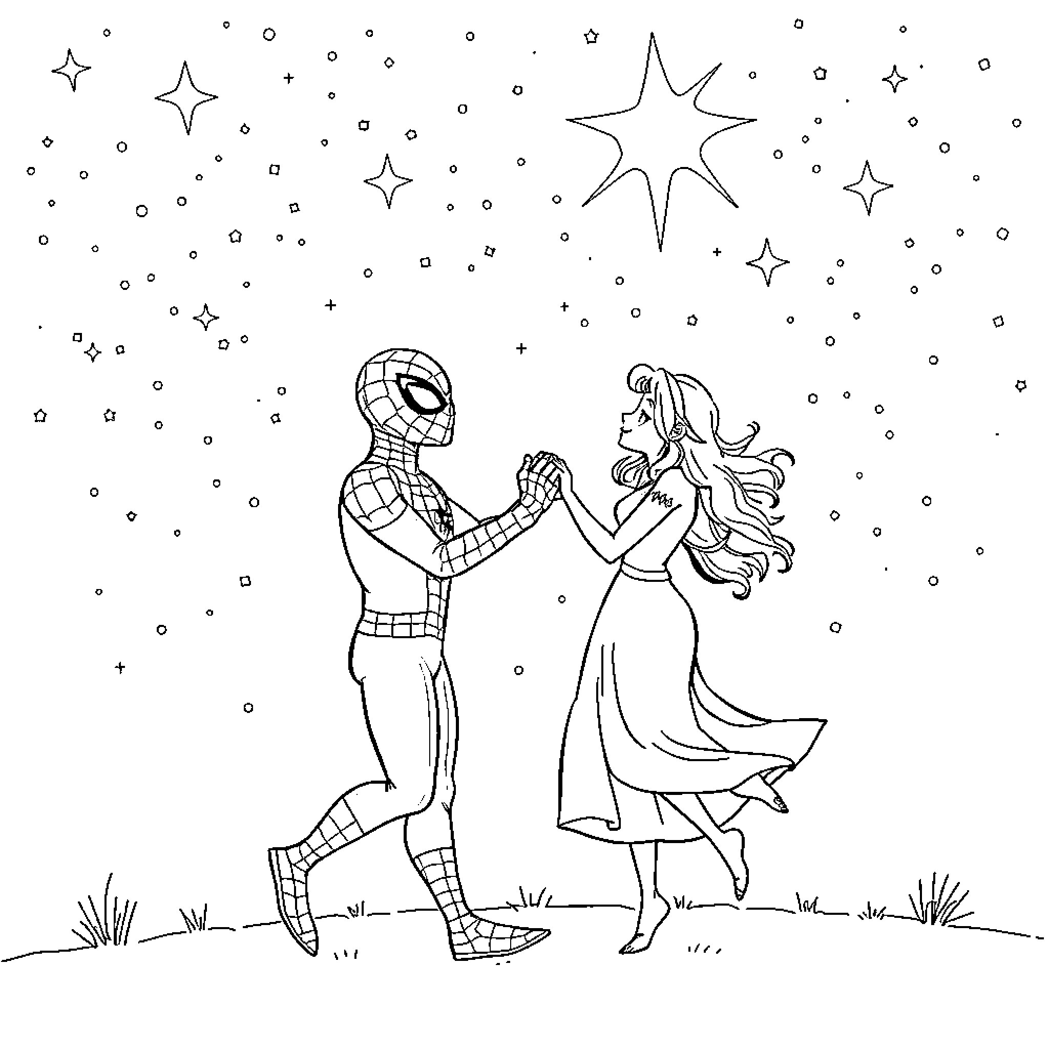 Spiderman dancing with a woman under the stars Coloring Page (free black-and-white line drawing printable PDF for all, from beginners to advanced learners, including children, teens, adults, and seniors)