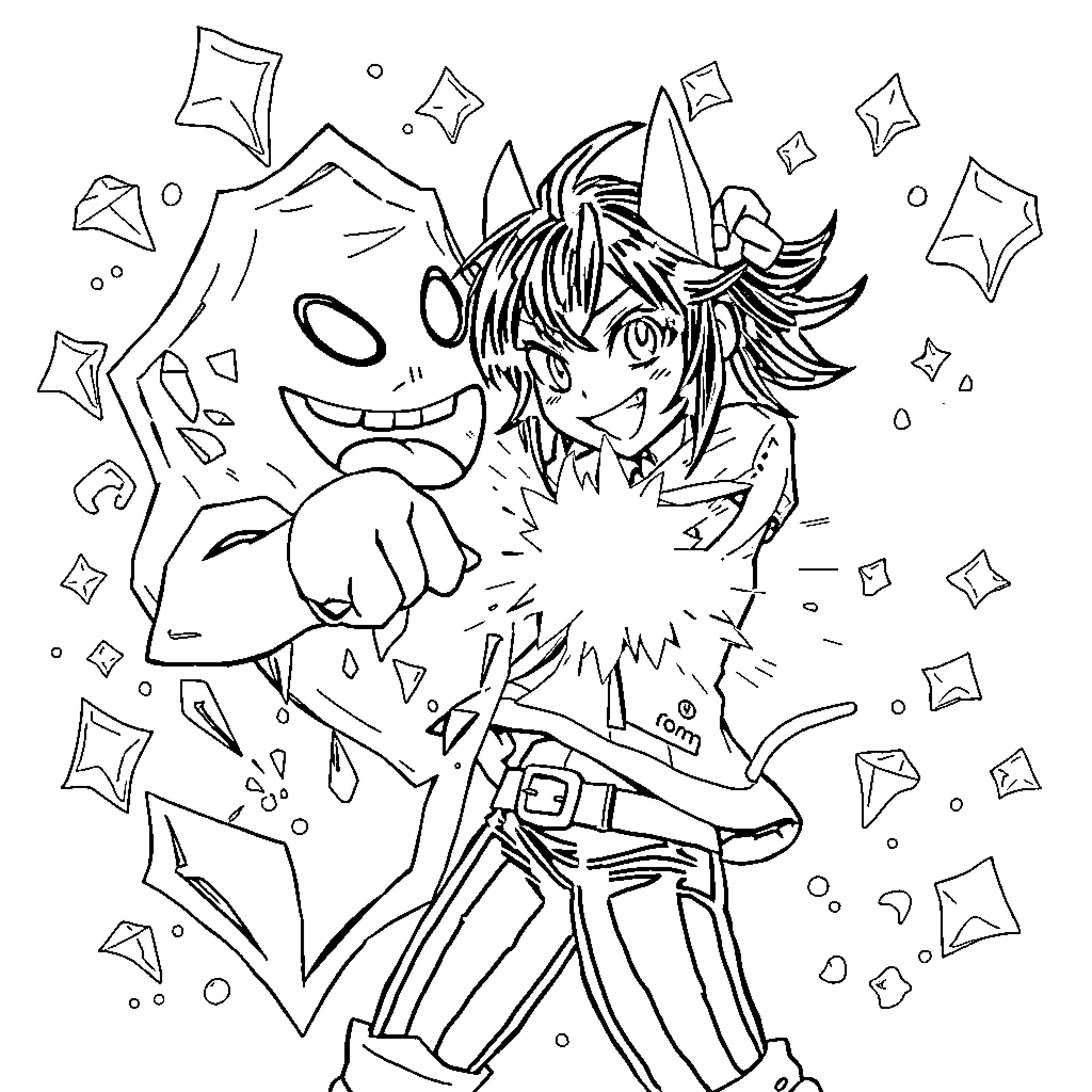 Kuromi's Mischievous Antics in the Sparkly Realm Coloring Page (free black-and-white line drawing printable PDF for all, from beginners to advanced learners, including children, teens, adults, and seniors)