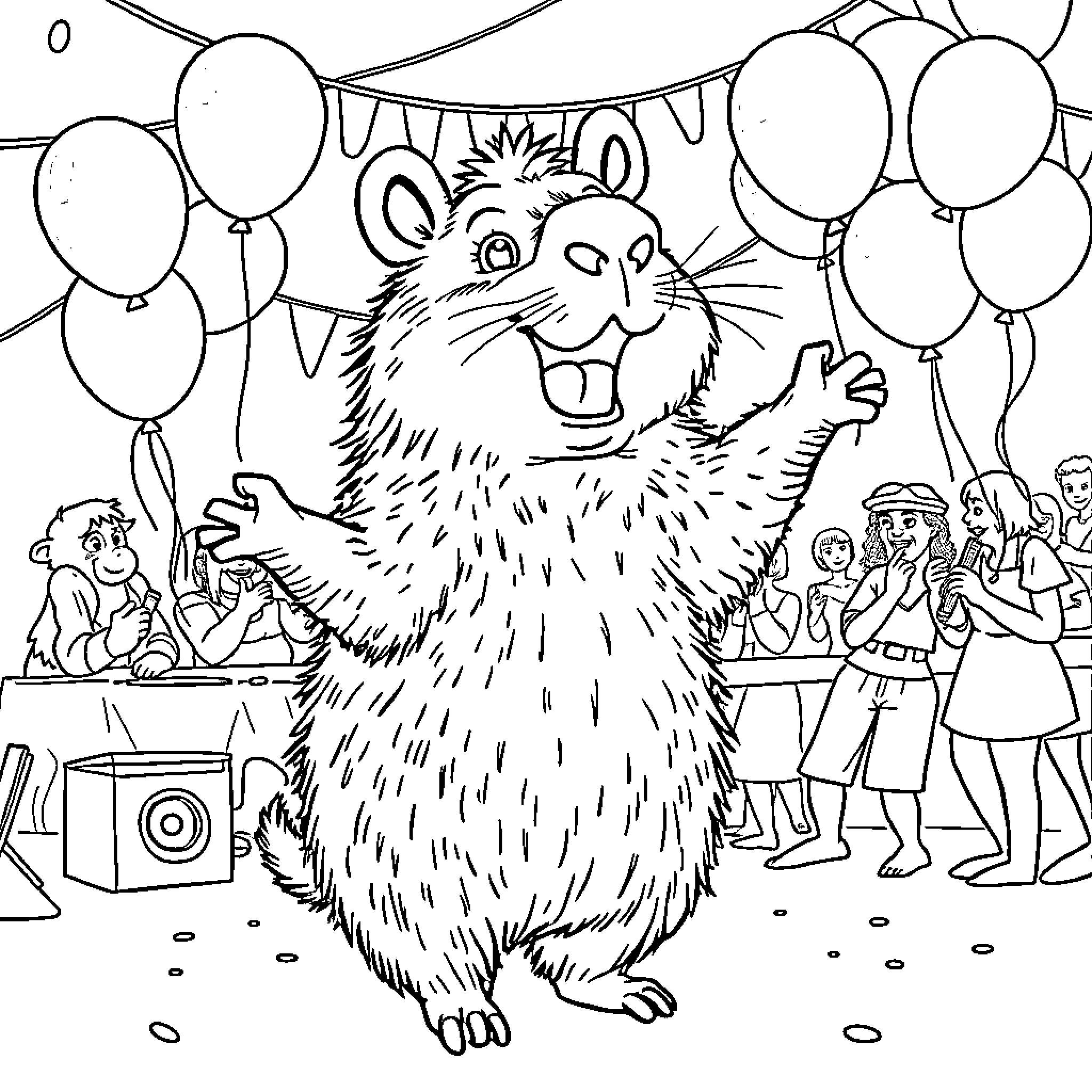 Capybara celebrating at a party with balloons Coloring Page (free black-and-white line drawing printable PDF for all, from beginners to advanced learners, including children, teens, adults, and seniors)