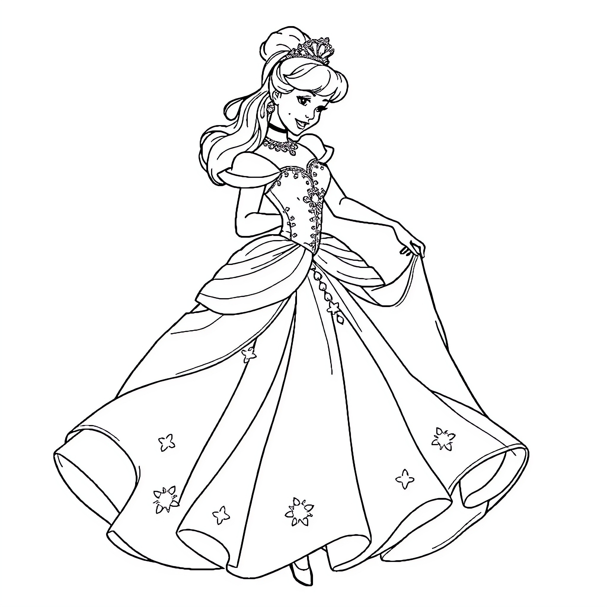 Cinderella in Elegant Ballgown Dress Coloring Page (free black-and-white line drawing printable PDF for all, from beginners to advanced learners, including children, teens, adults, and seniors)