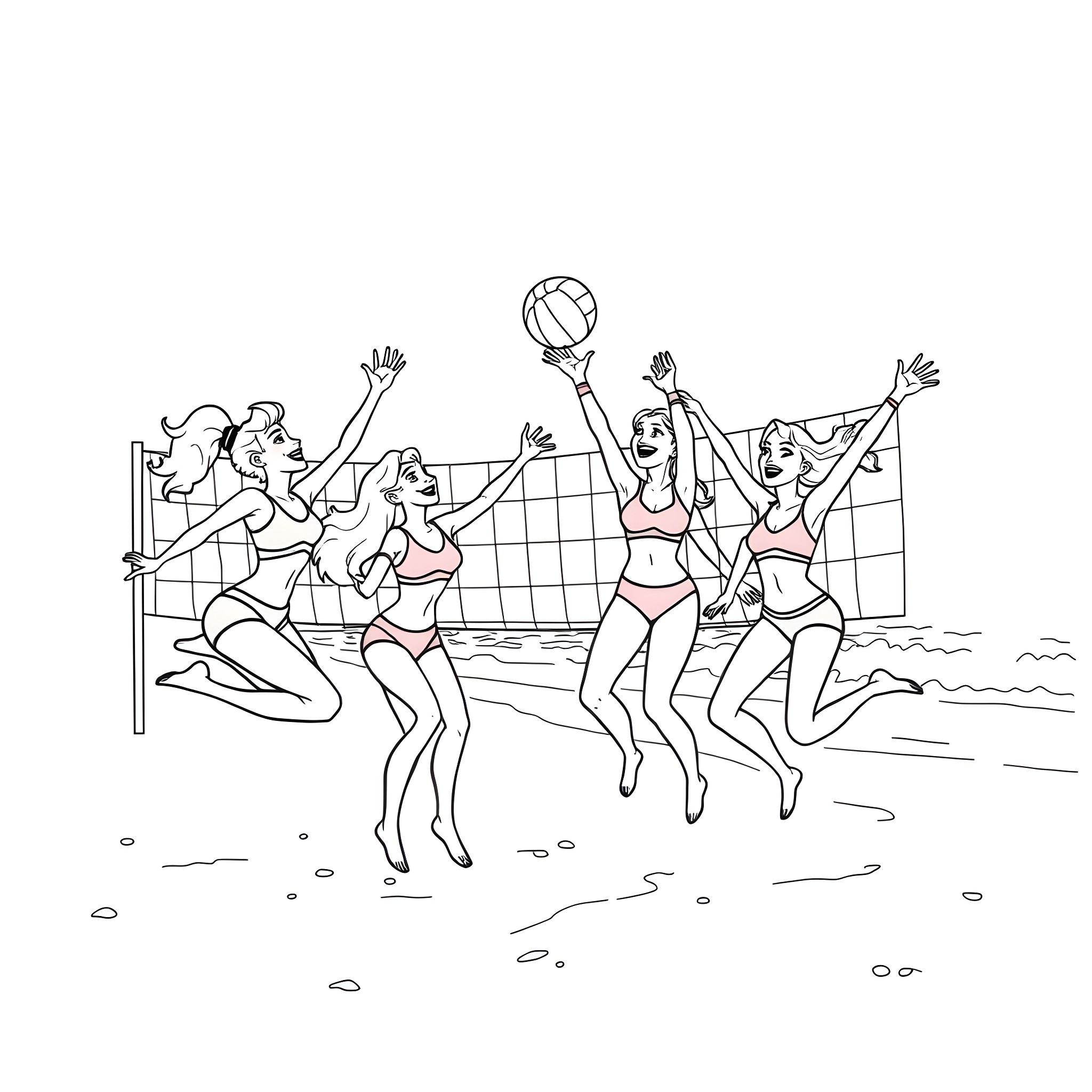 Totally Spies Playing Beach Volleyball Coloring Page (free black-and-white line drawing printable PDF for all, from beginners to advanced learners, including children, teens, adults, and seniors)