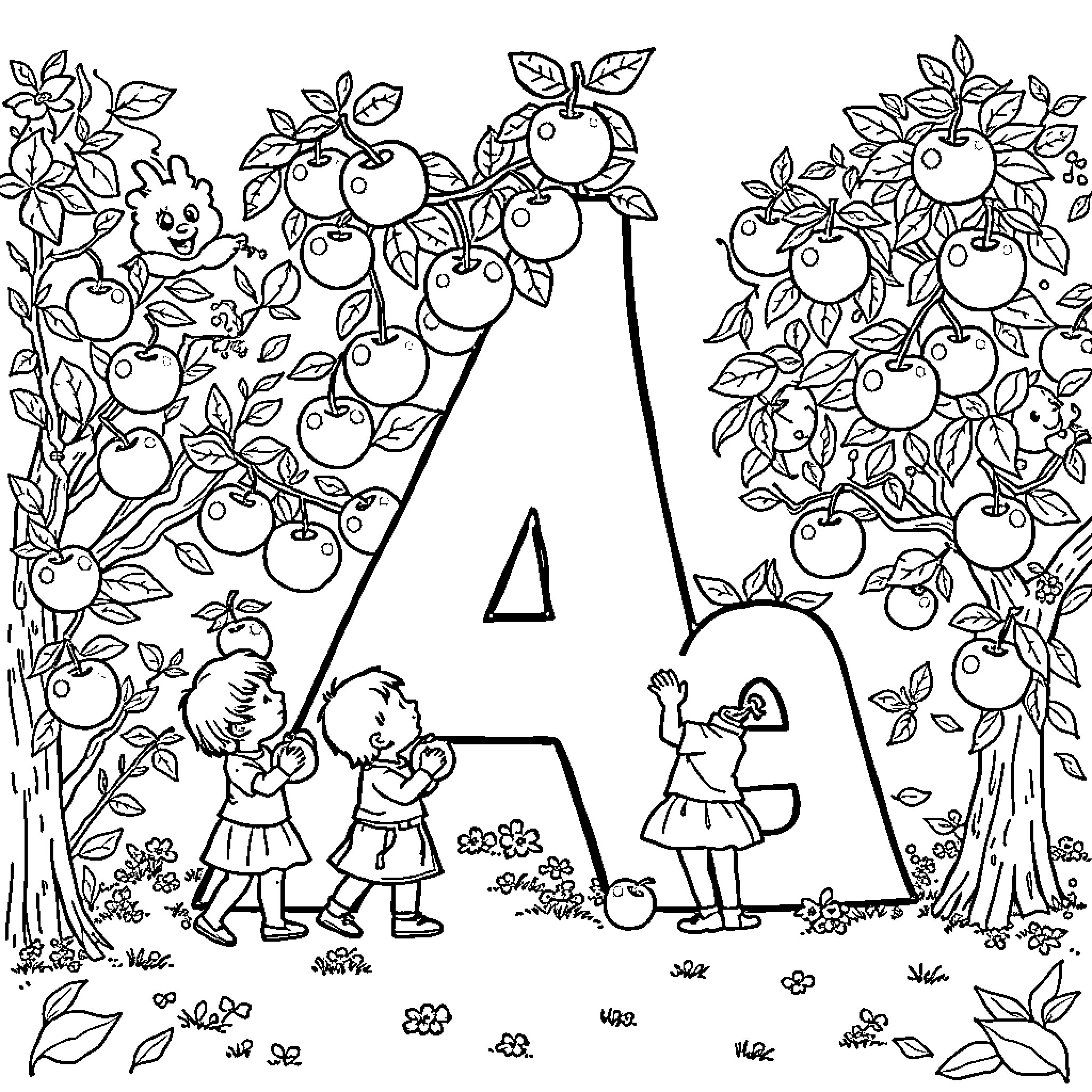 A Playful Letter Amongst Whimsical Fruit Trees Coloring Page (free black-and-white line drawing printable PDF for all, from beginners to advanced learners, including children, teens, adults, and seniors)