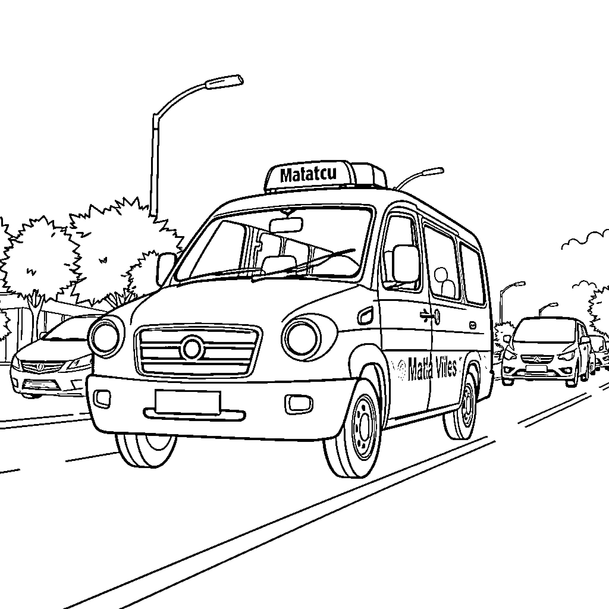 Matatu carrying passengers on a city street Coloring Page (free black-and-white line drawing printable PDF for all, from beginners to advanced learners, including children, teens, adults, and seniors)