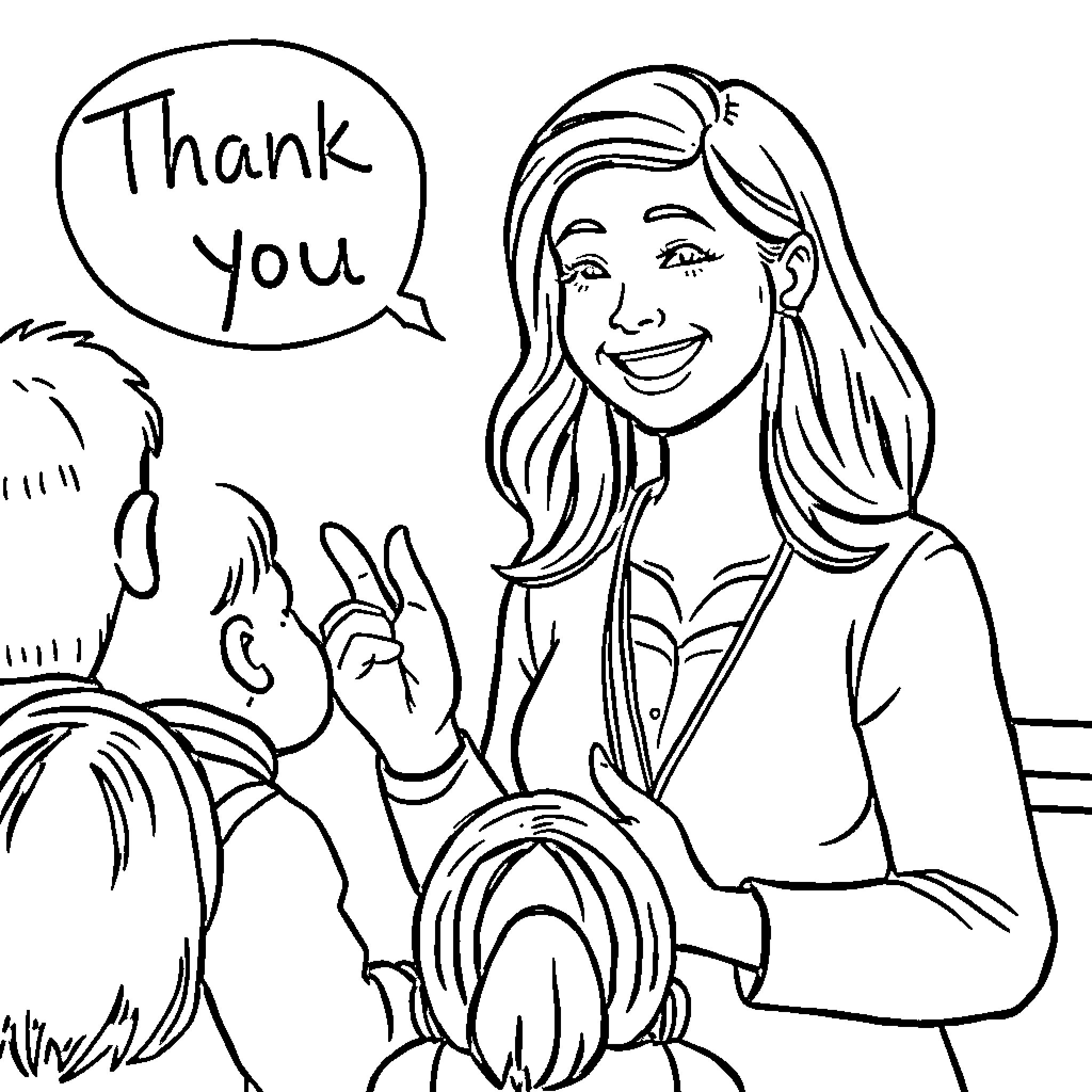 Teacher encouraging and thanking students Coloring Page (free black-and-white line drawing printable PDF for all, from beginners to advanced learners, including children, teens, adults, and seniors)