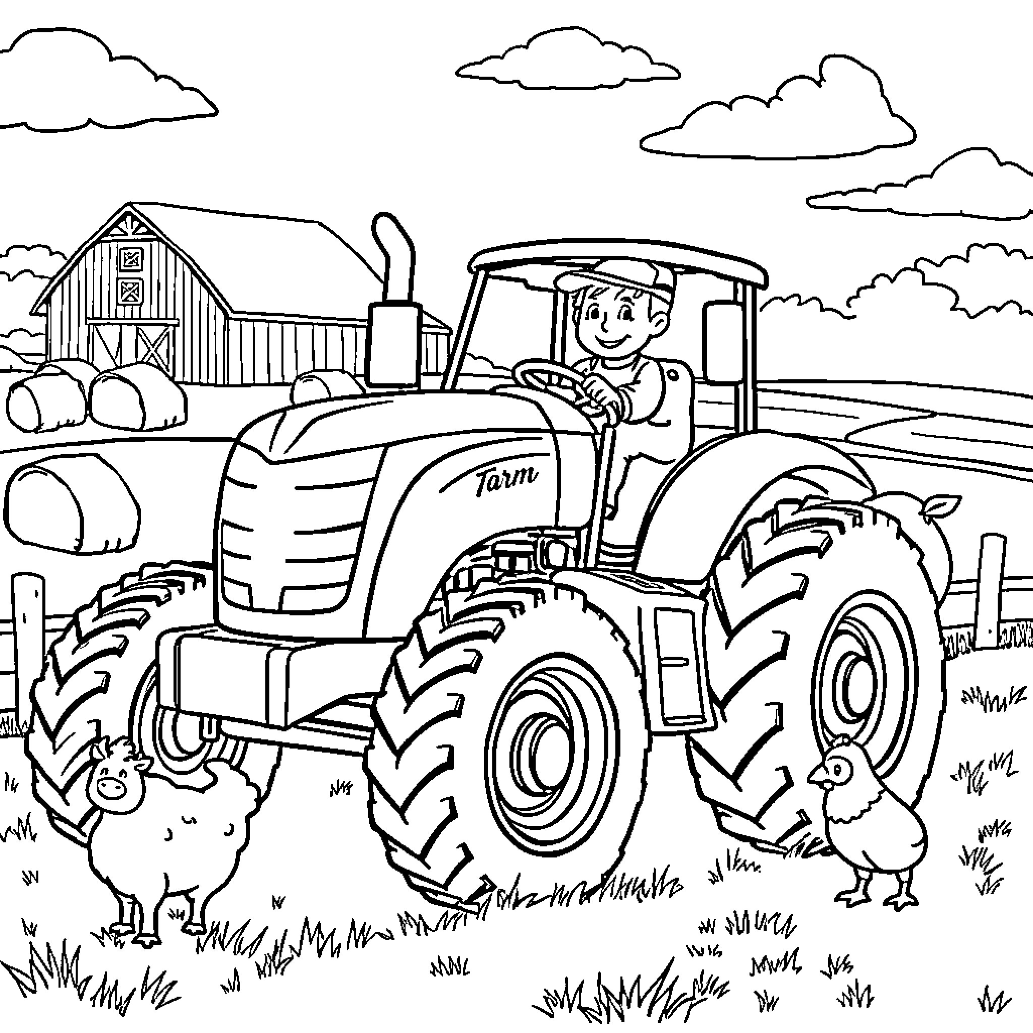 Tractor driving through rural farm landscape Coloring Page (free black-and-white line drawing printable PDF for all, from beginners to advanced learners, including children, teens, adults, and seniors)