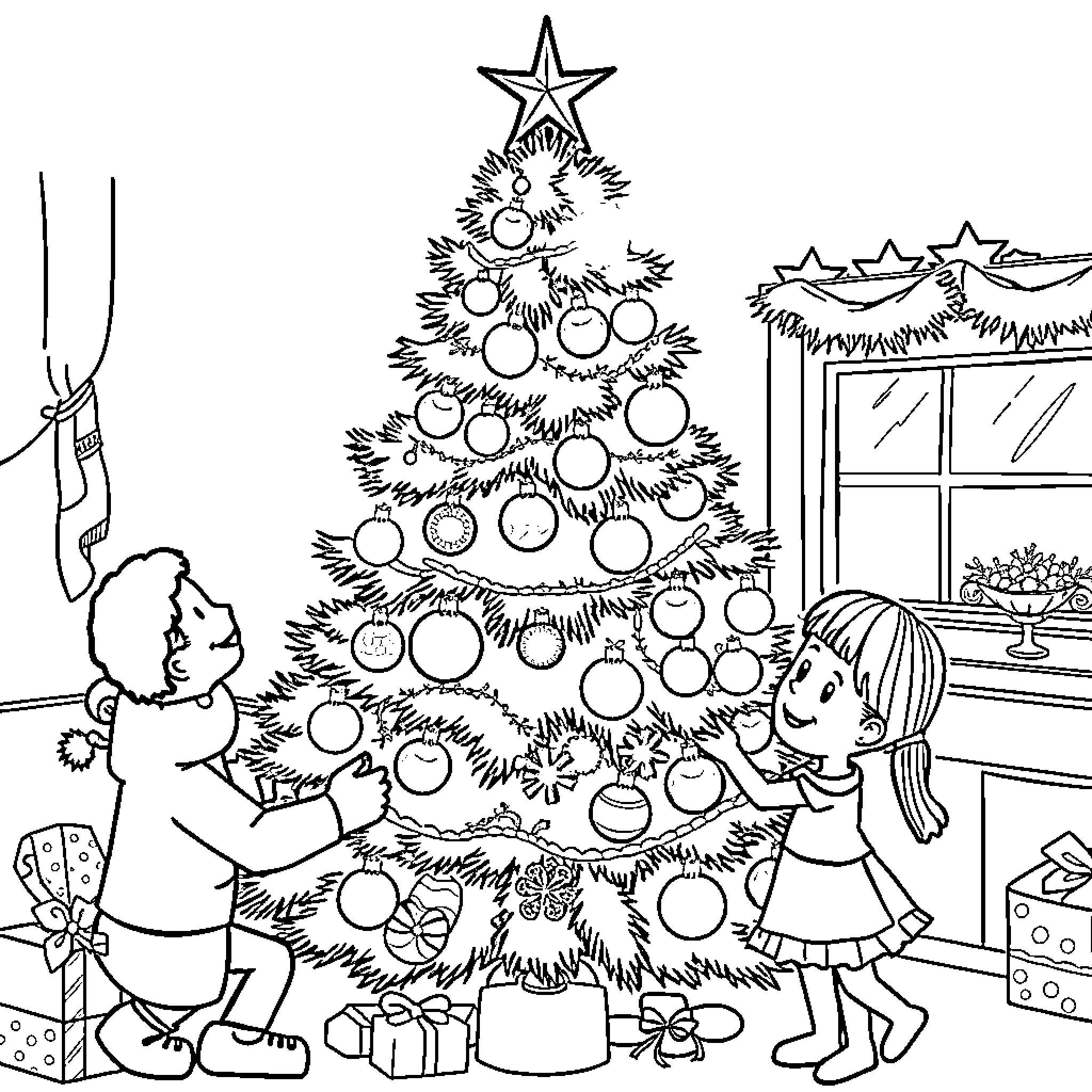 Christmas Tree decorated by children with ornaments Coloring Page (free black-and-white line drawing printable PDF for all, from beginners to advanced learners, including children, teens, adults, and seniors)