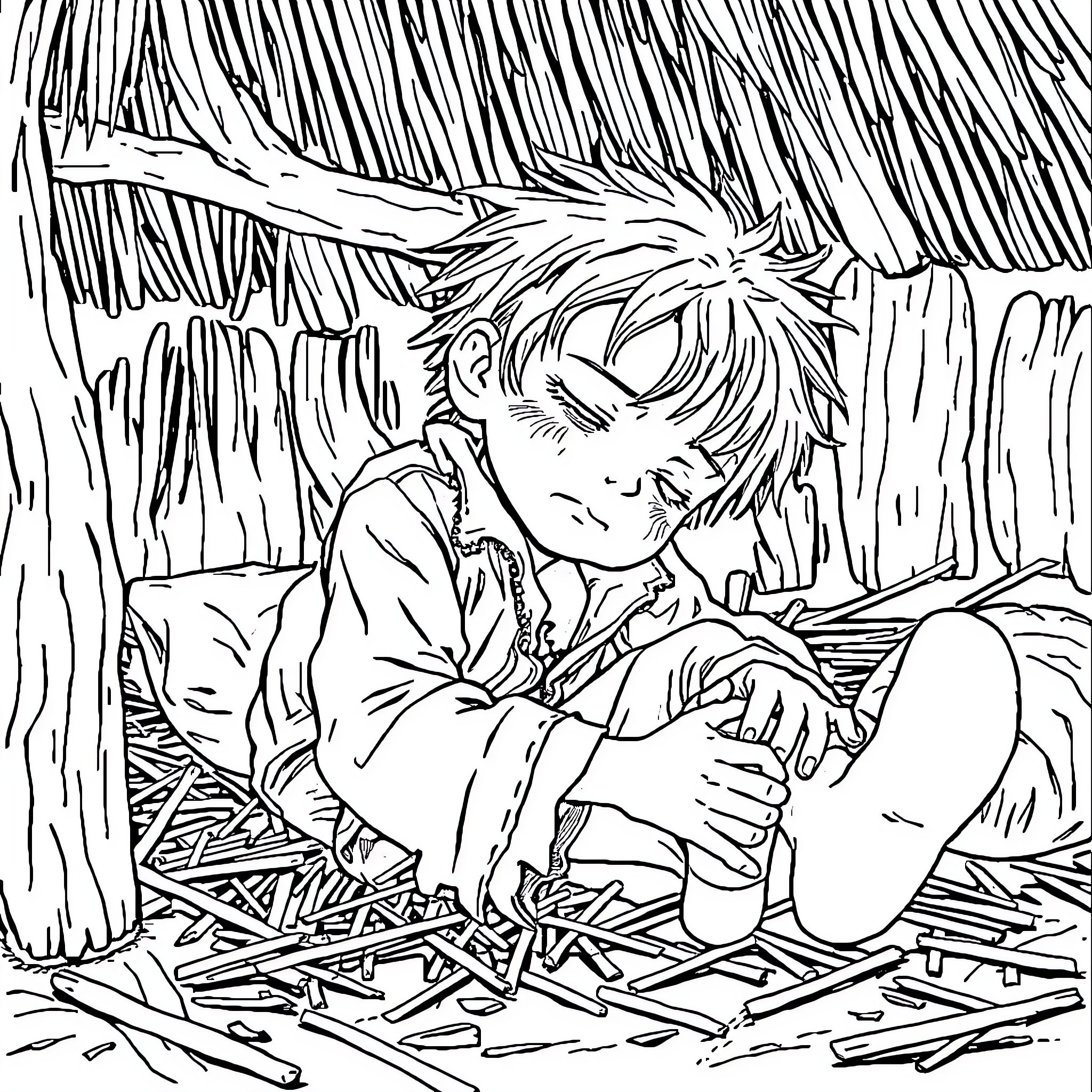 Boy resting under a shelter with his knees drawn up Coloring Page (free black-and-white line drawing printable PDF for all, from beginners to advanced learners, including children, teens, adults, and seniors)