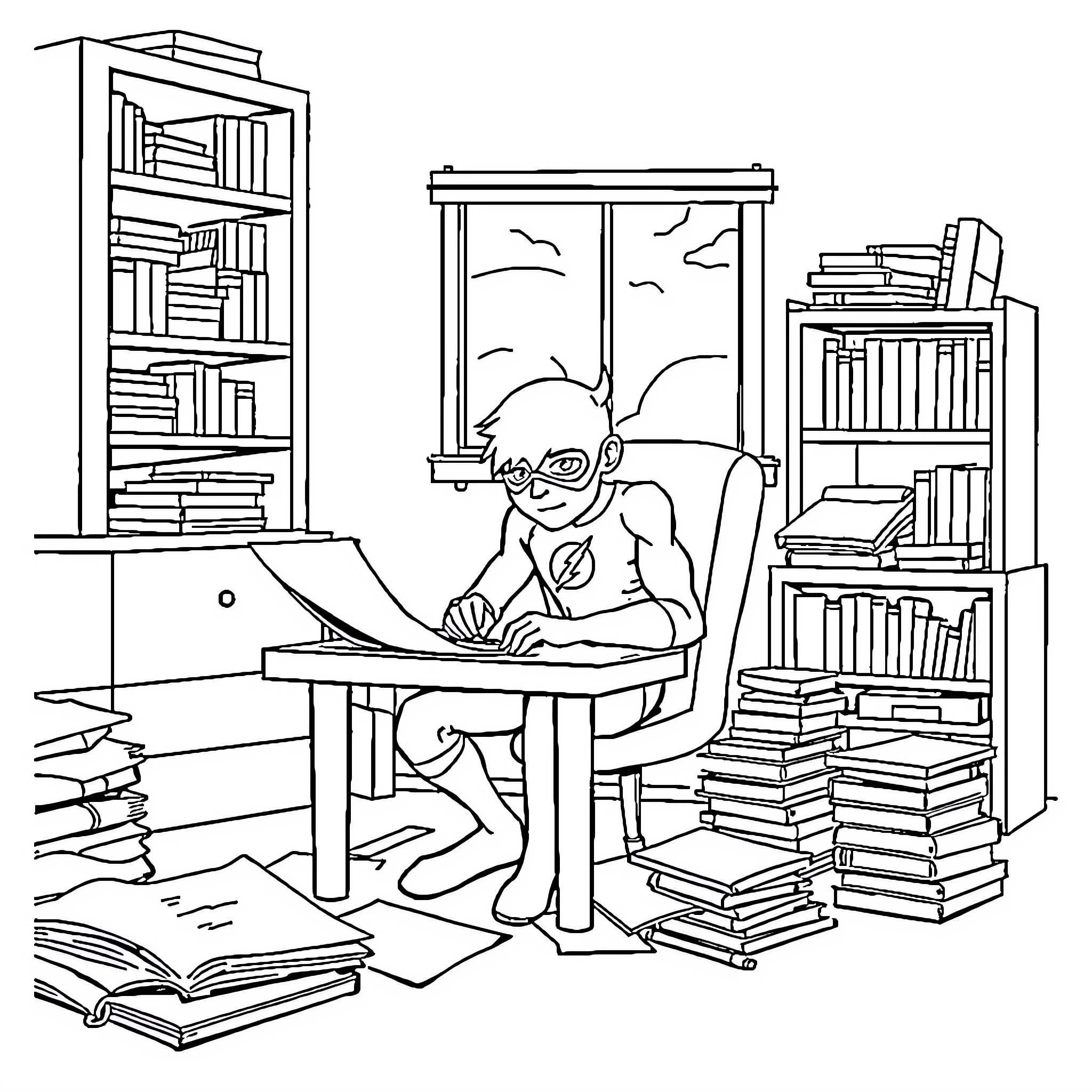 Flash Working Diligently in a Library Coloring Page (free black-and-white line drawing printable PDF for all, from beginners to advanced learners, including children, teens, adults, and seniors)