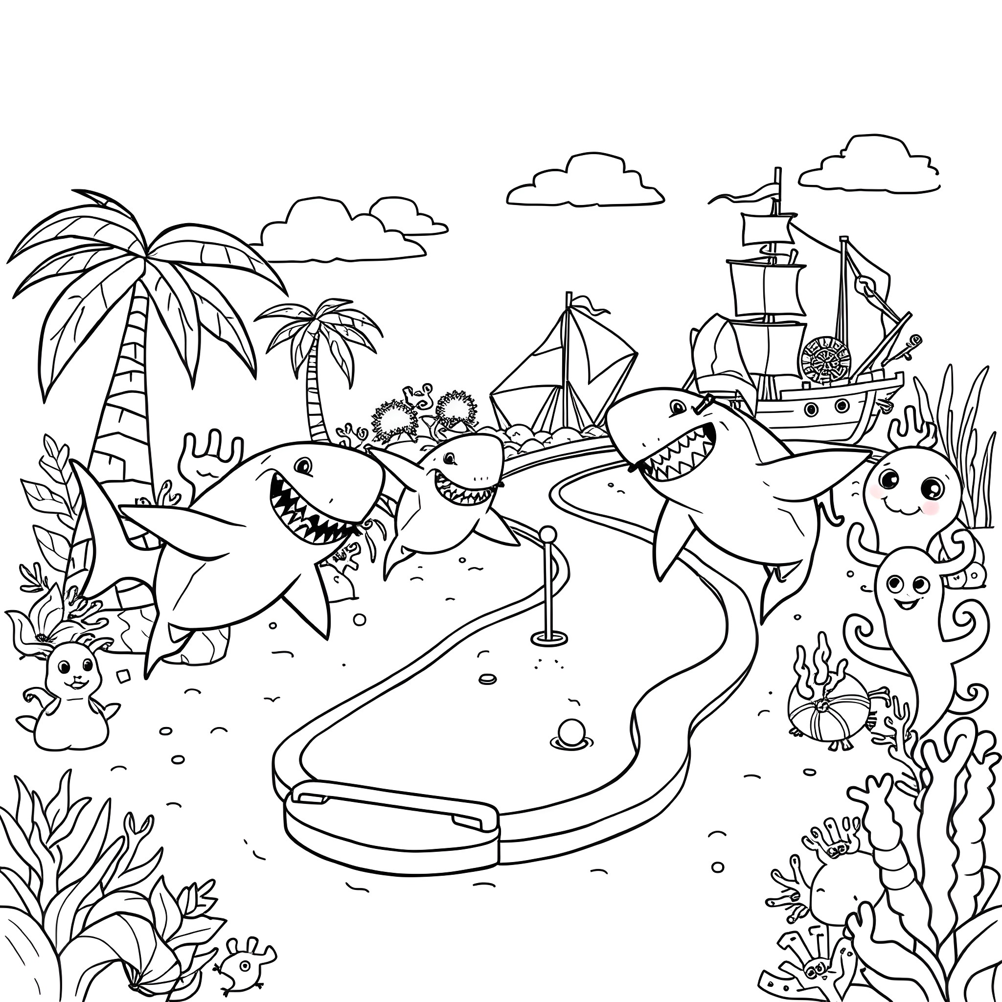 Sharks playing happily in the ocean with a pirate ship Coloring Page (free black-and-white line drawing printable PDF for all, from beginners to advanced learners, including children, teens, adults, and seniors)