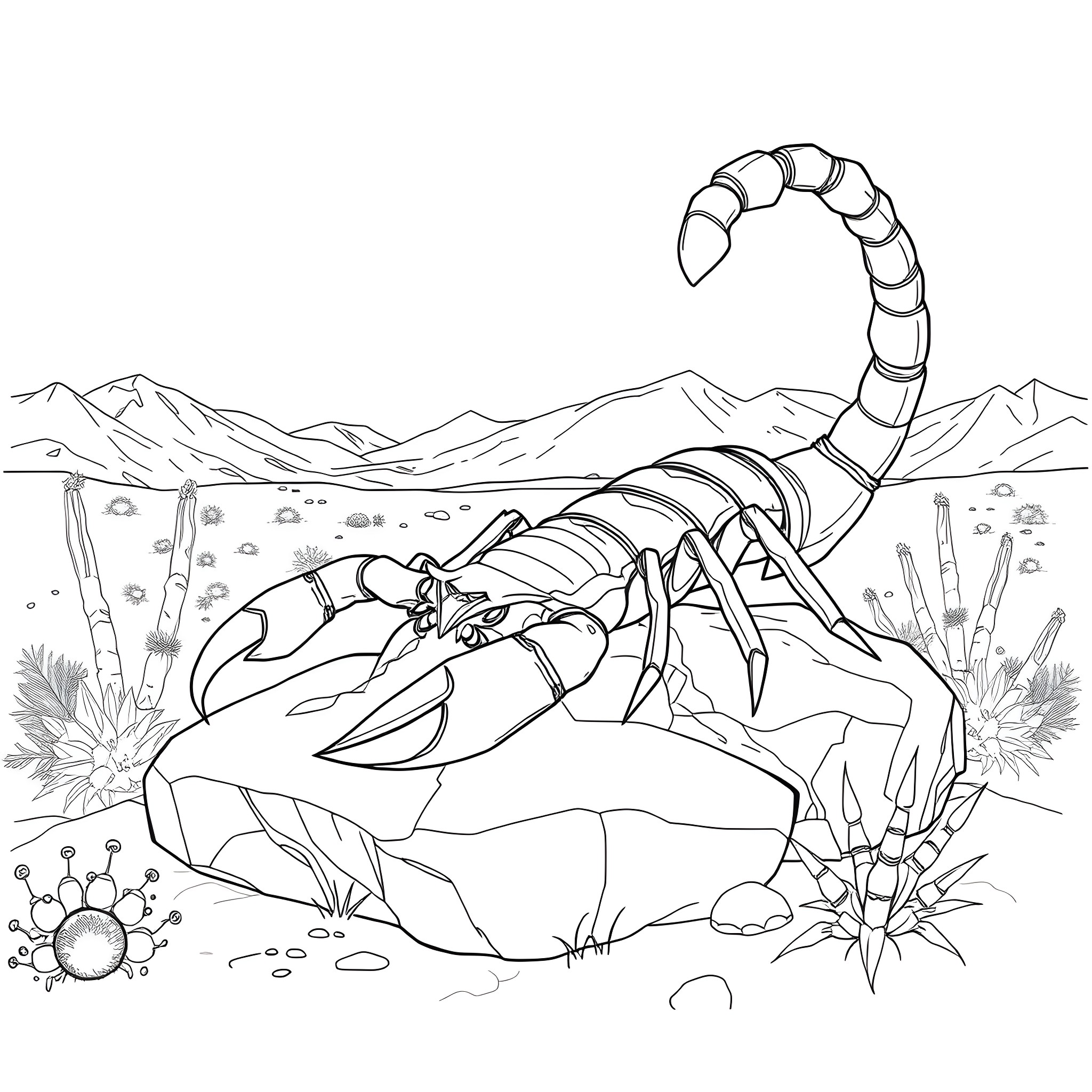 Scorpio stalking its prey in the desert landscape Coloring Page (free black-and-white line drawing printable PDF for all, from beginners to advanced learners, including children, teens, adults, and seniors)