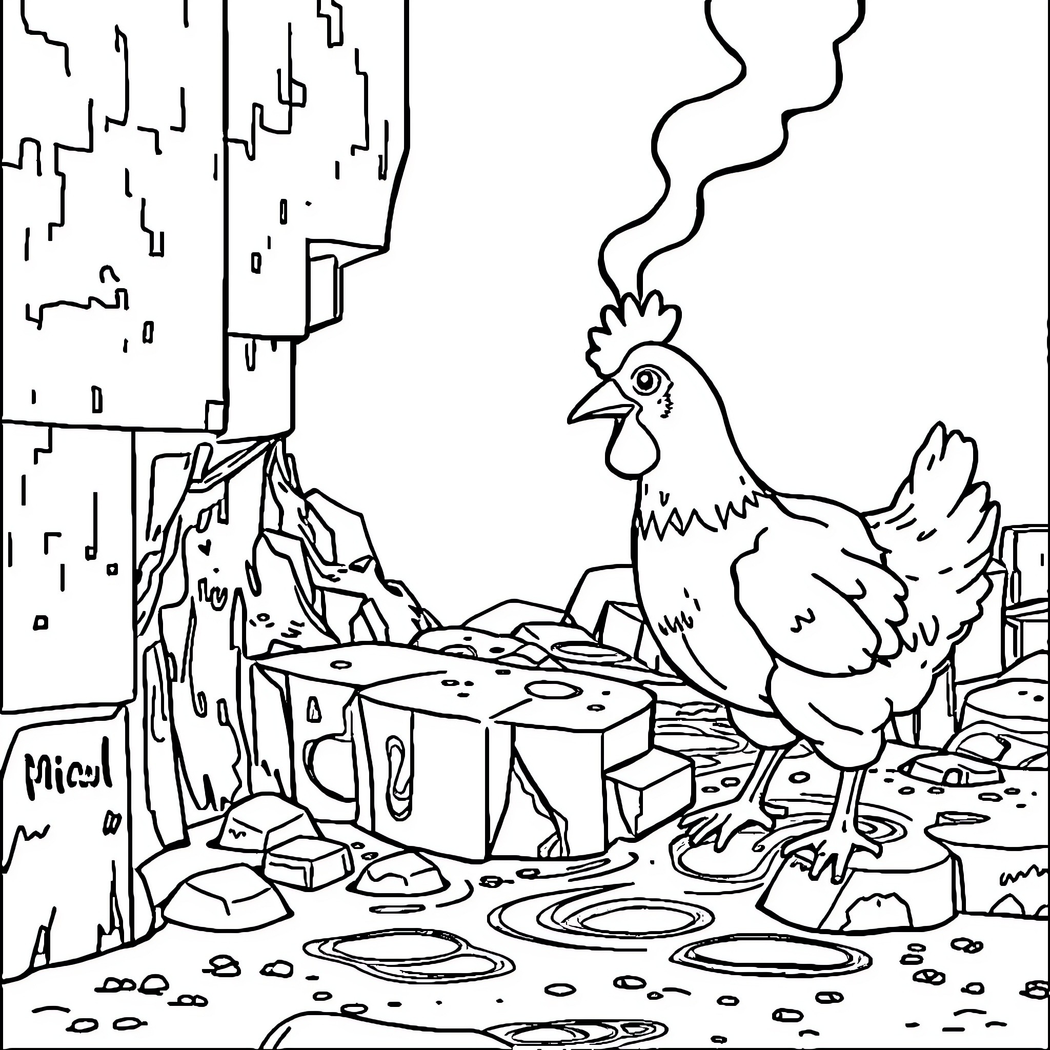 Chicken exploring a cluttered and chaotic environment Coloring Page (free black-and-white line drawing printable PDF for all, from beginners to advanced learners, including children, teens, adults, and seniors)