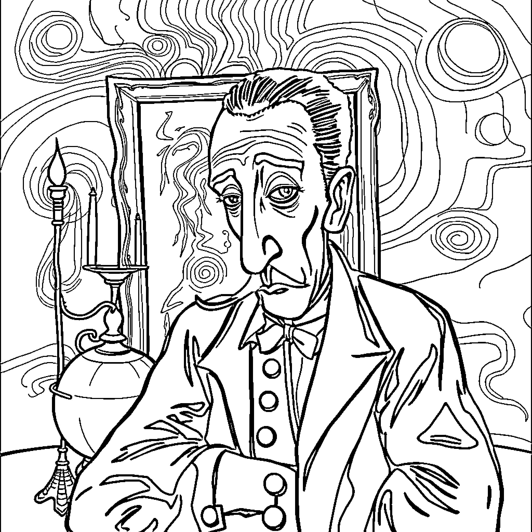 Salvador Dali's Surreal Self-Portrait with Abstracted Background Coloring Page (free black-and-white line drawing printable PDF for all, from beginners to advanced learners, including children, teens, adults, and seniors)