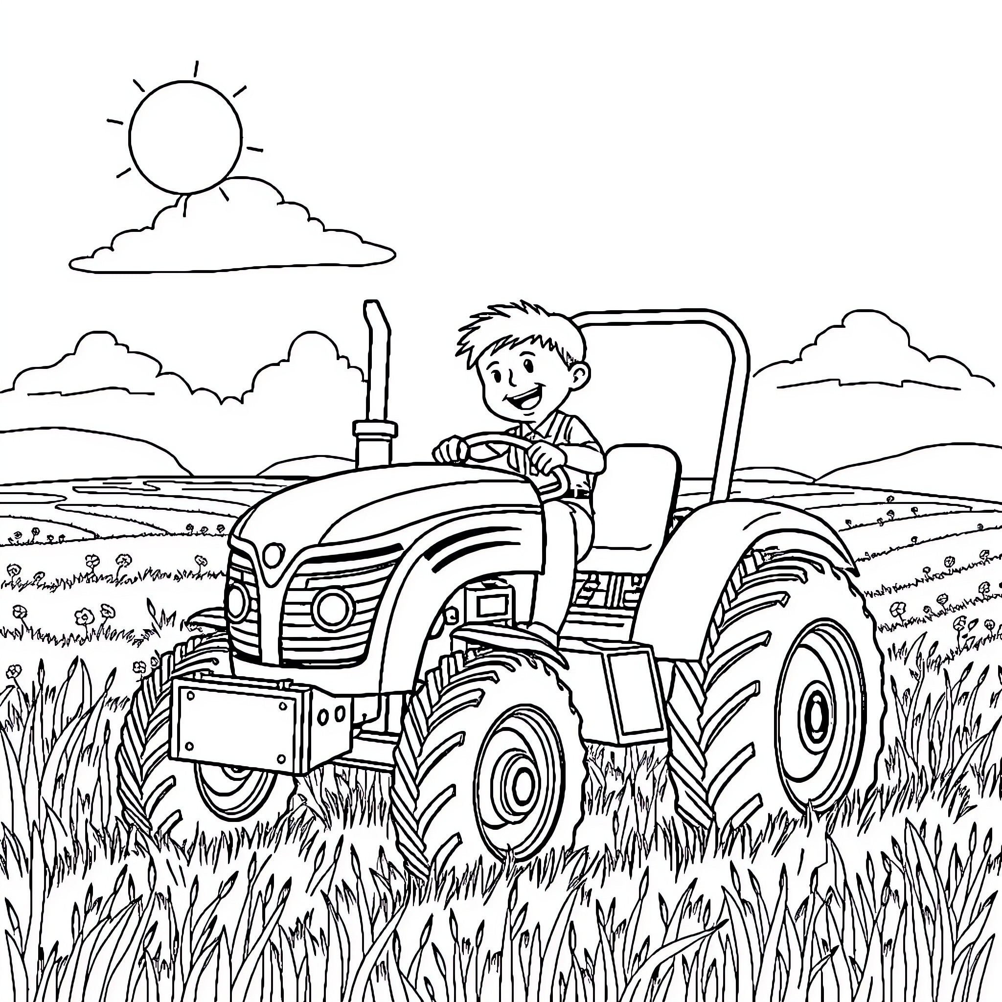 Tchoupi driving a tractor in the countryside Coloring Page (free black-and-white line drawing printable PDF for all, from beginners to advanced learners, including children, teens, adults, and seniors)