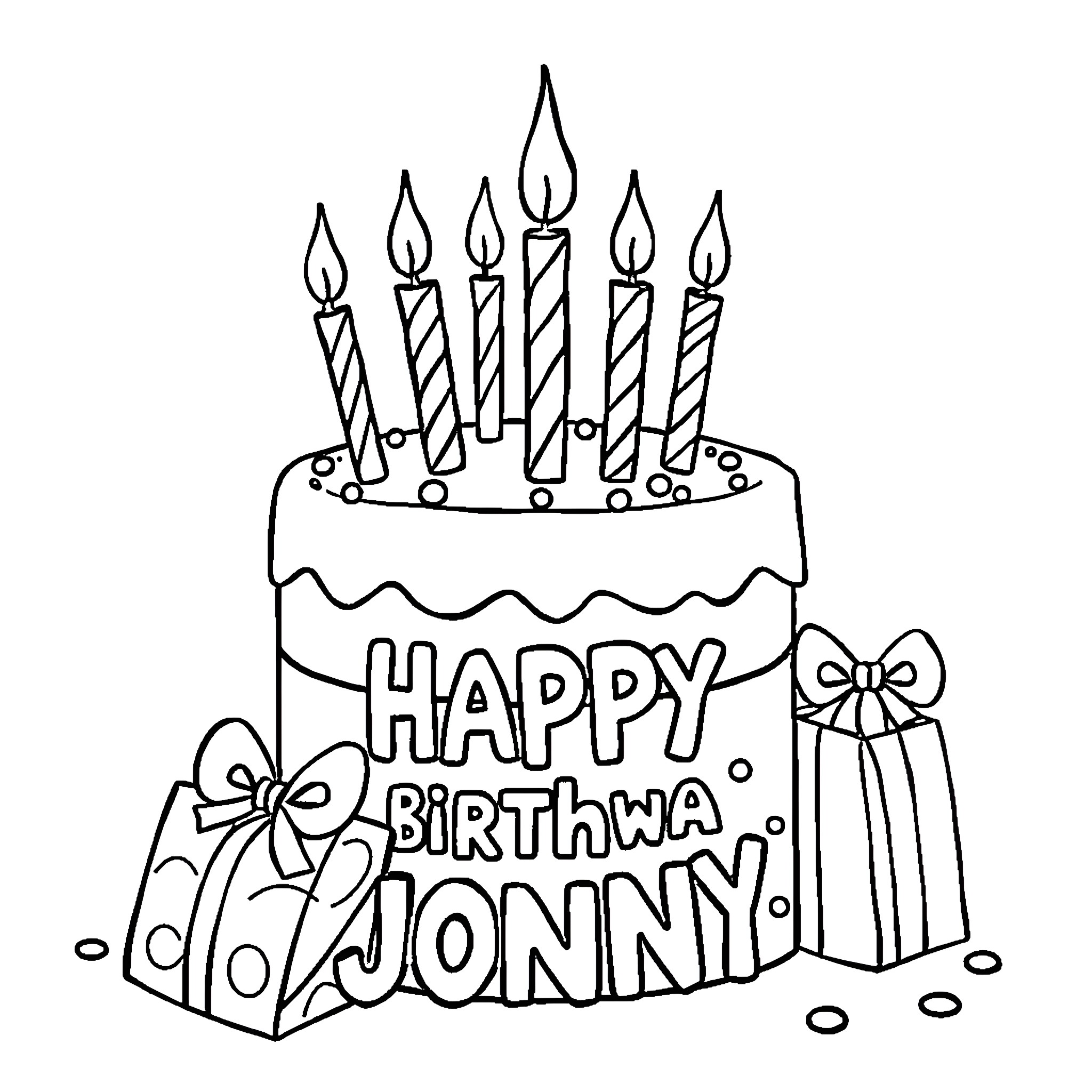 Birthday Cake with Lit Candles and Gift Box Coloring Page (free black-and-white line drawing printable PDF for all, from beginners to advanced learners, including children, teens, adults, and seniors)