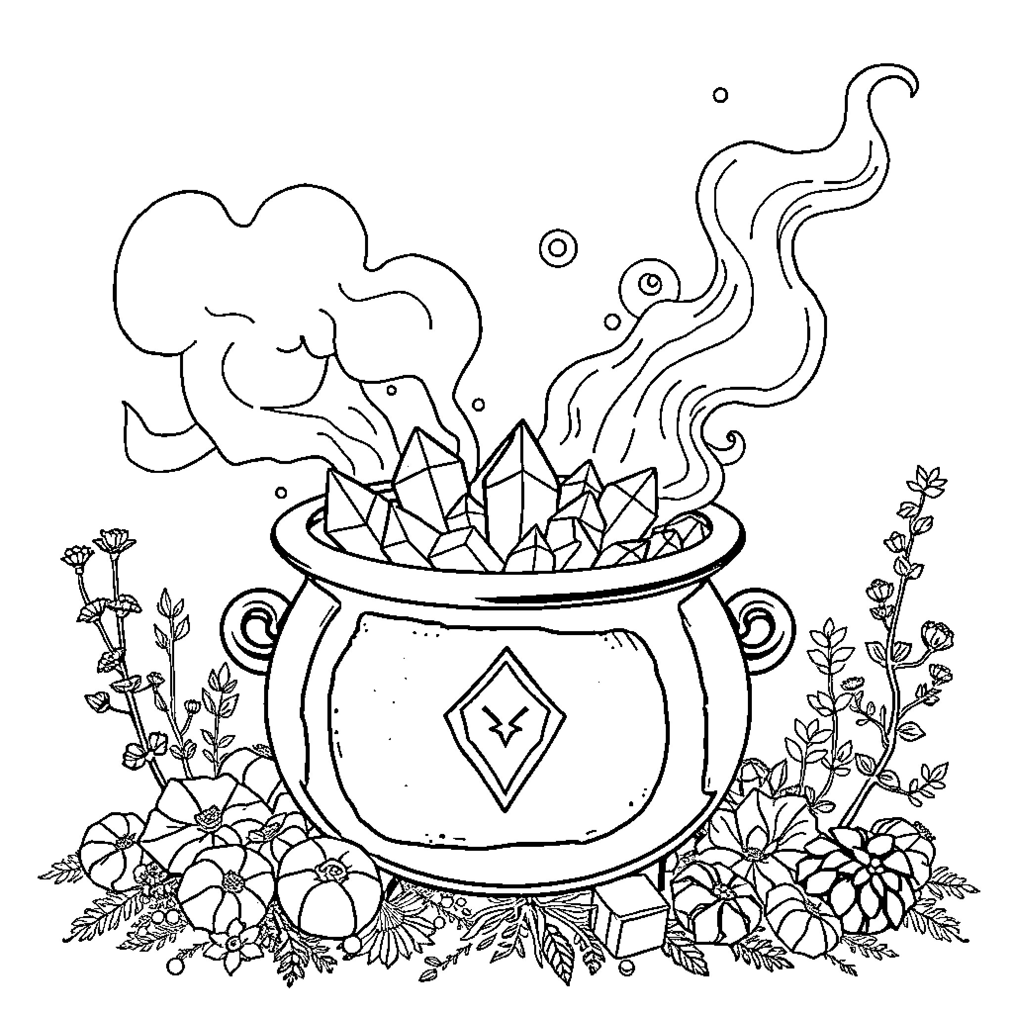Cauldron of Mystical Potion amid Enchanted Foliage Coloring Page (free black-and-white line drawing printable PDF for all, from beginners to advanced learners, including children, teens, adults, and seniors)