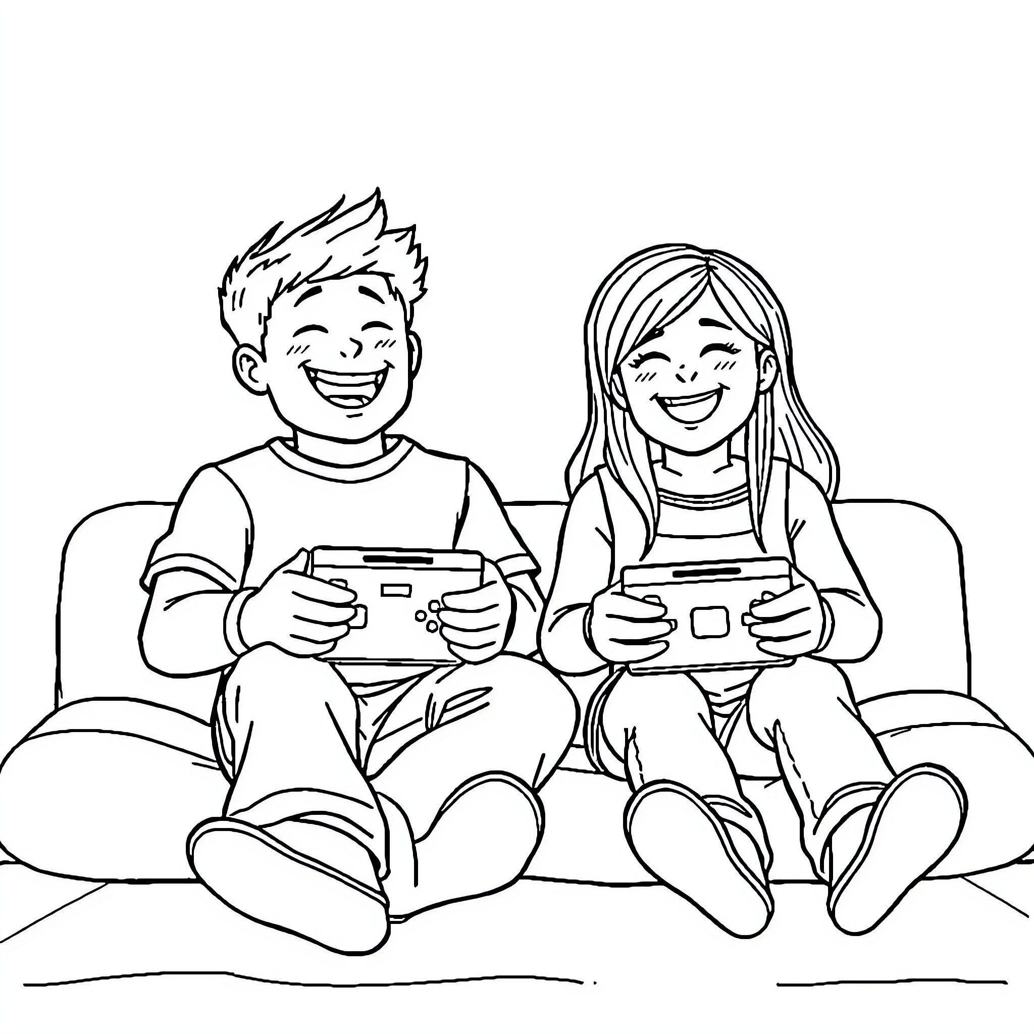 Sibling Game Time Coloring Page (free black-and-white line drawing printable PDF for all, from beginners to advanced learners, including children, teens, adults, and seniors)