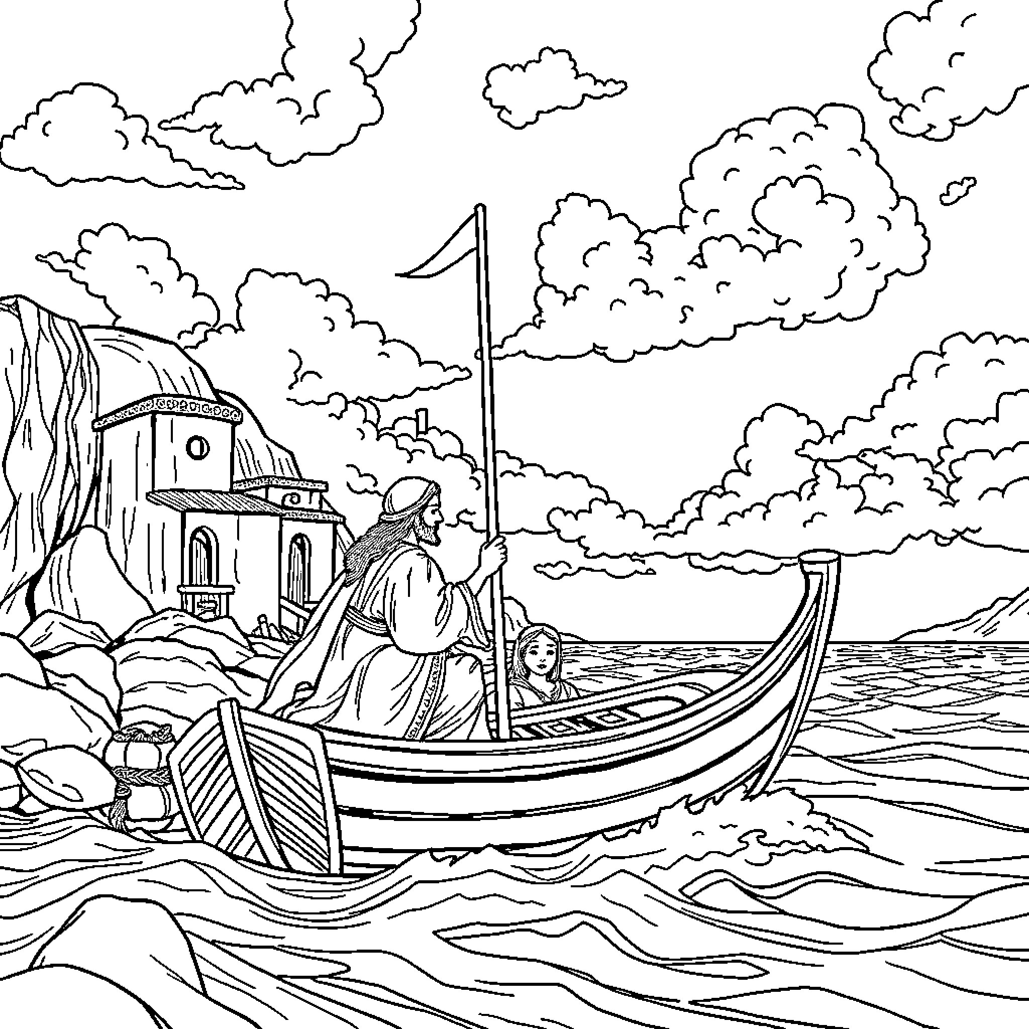 Moisés navigating the stormy sea in a boat Coloring Page (free black-and-white line drawing printable PDF for all, from beginners to advanced learners, including children, teens, adults, and seniors)